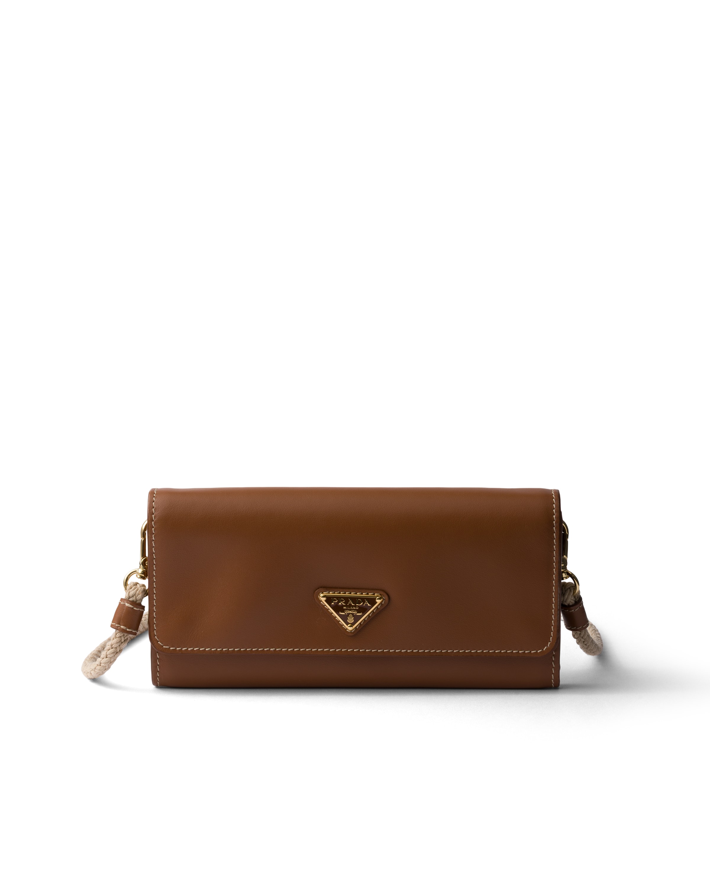 Prada Leather Wallet With Shoulder Strap In Brown