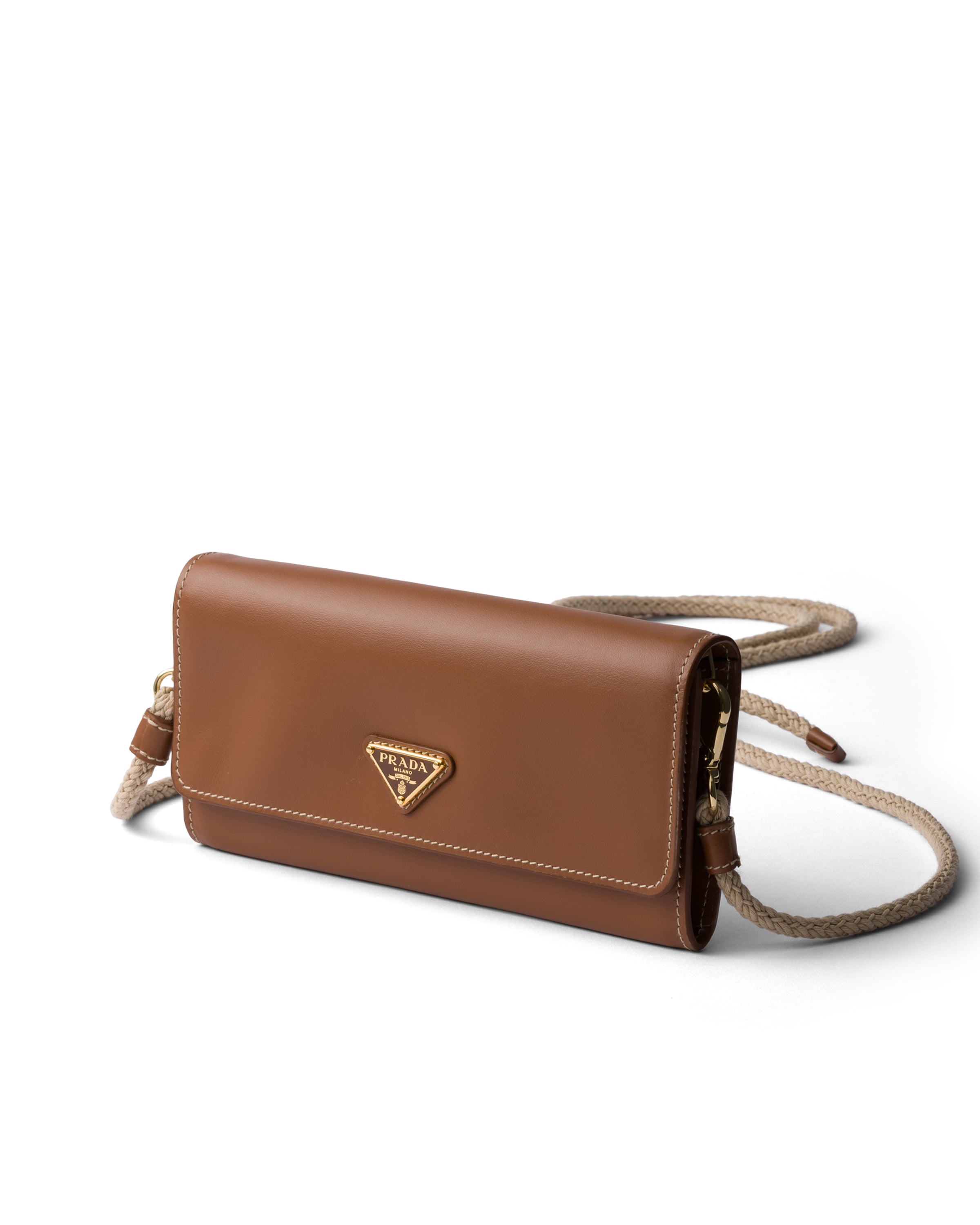 Prada Leather Wallet With Shoulder Strap In Brown