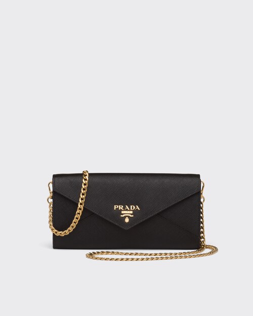 Black Saffiano leather wallet with shoulder strap | Prada