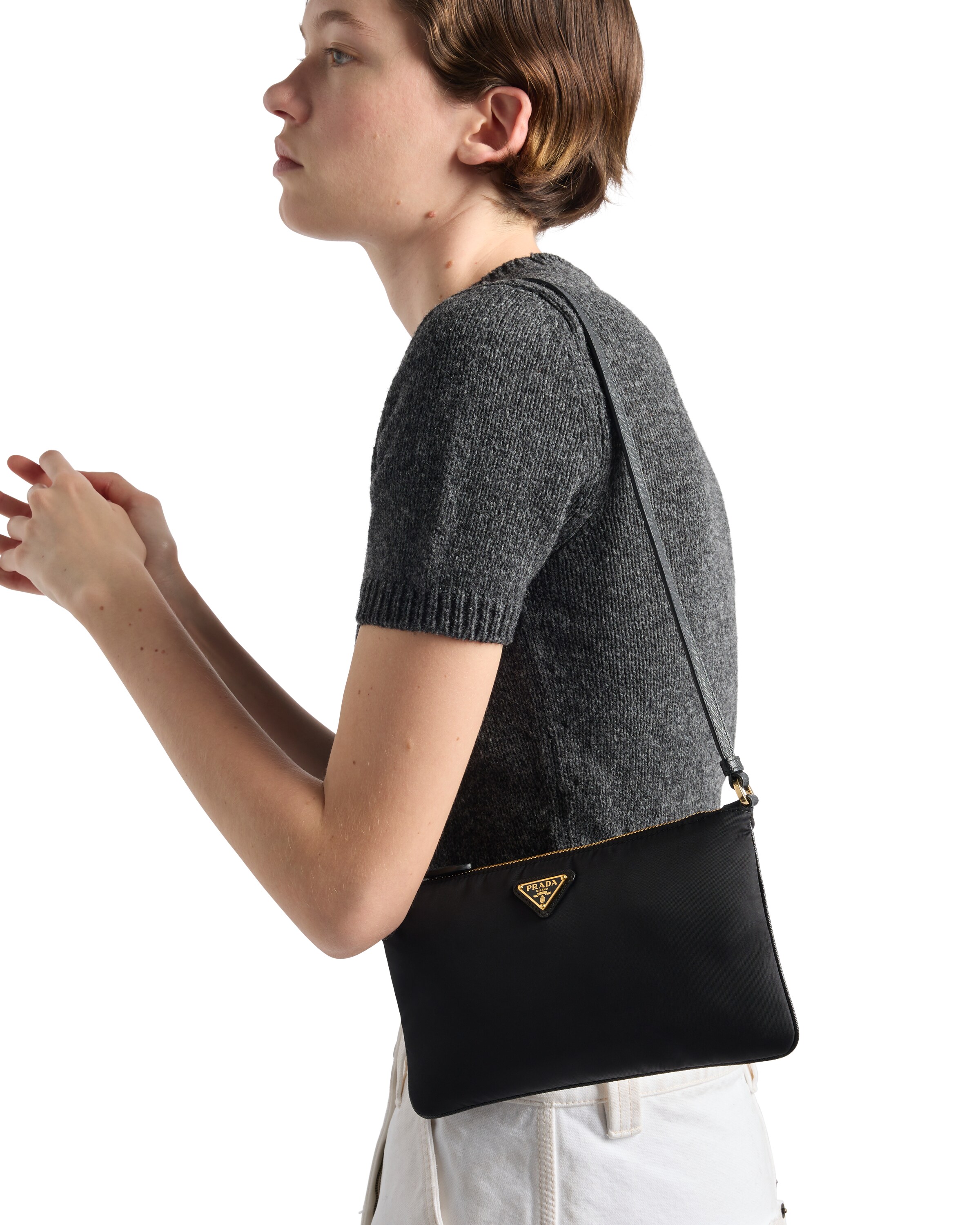 Prada Logo Small Leather Shoulder Bag In Black