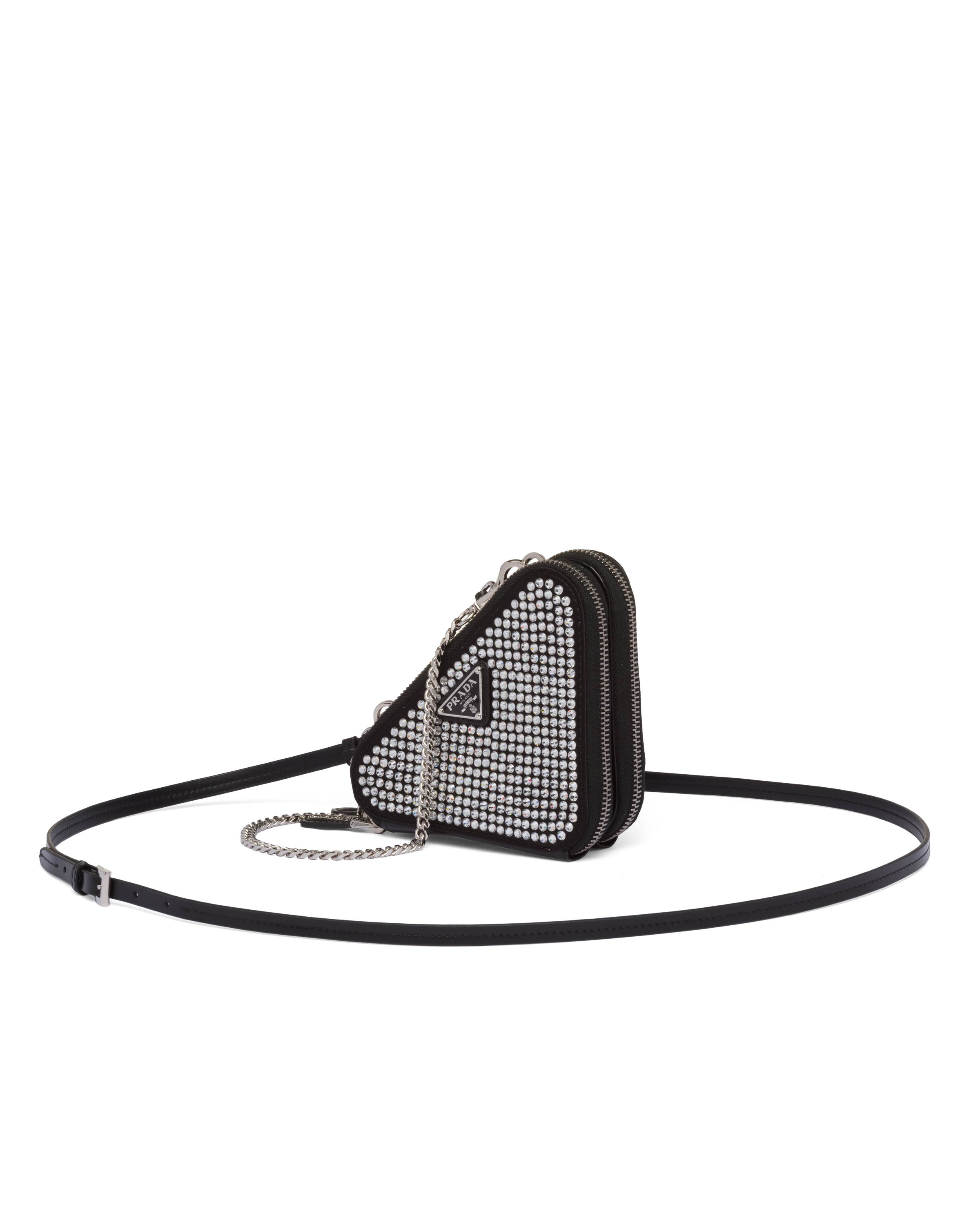 Prada Triangular Embellished Satin And Leather Mini-pouch In Crystal