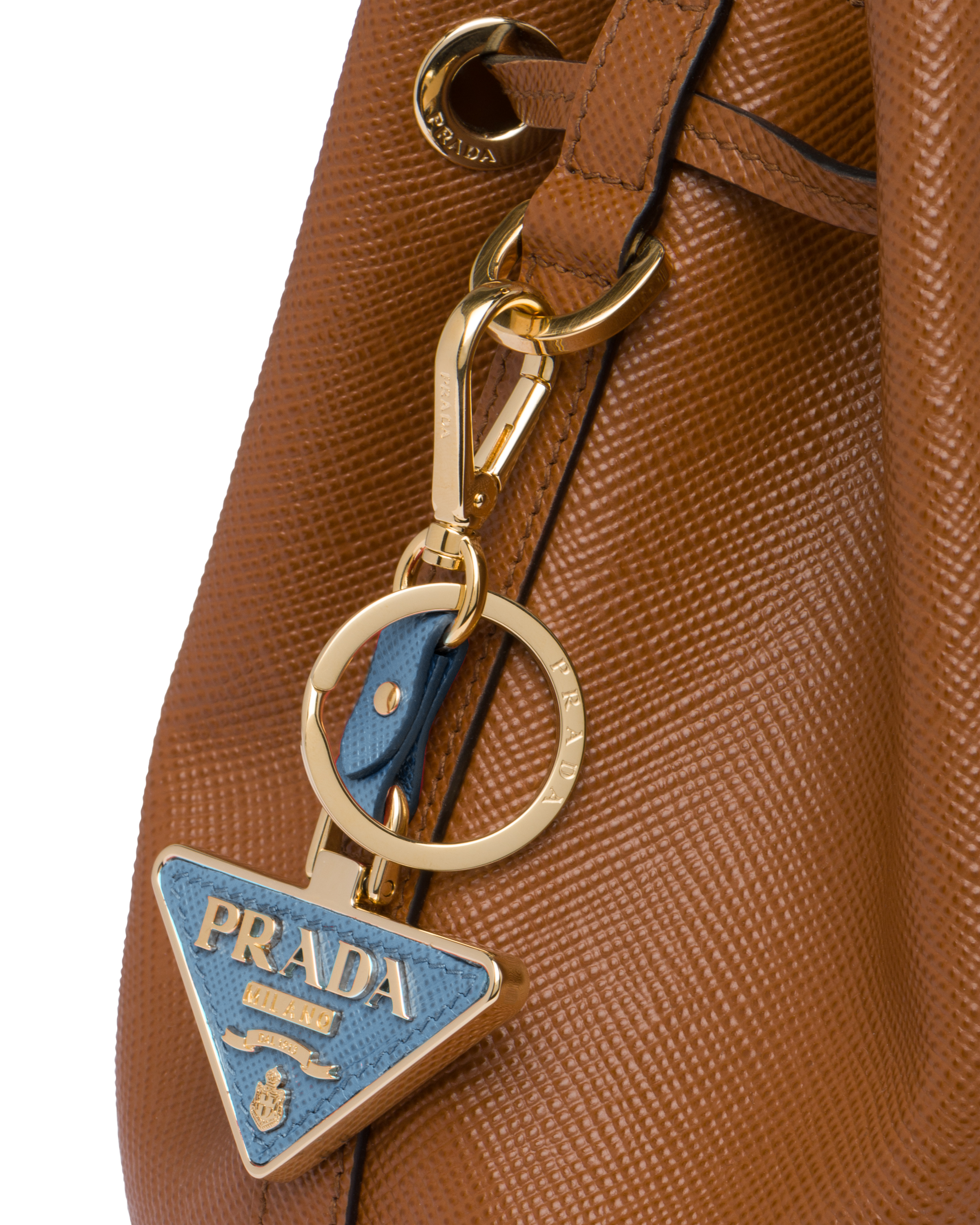 Prada Saffiano Leather And Metal Keychain In Astral Blue