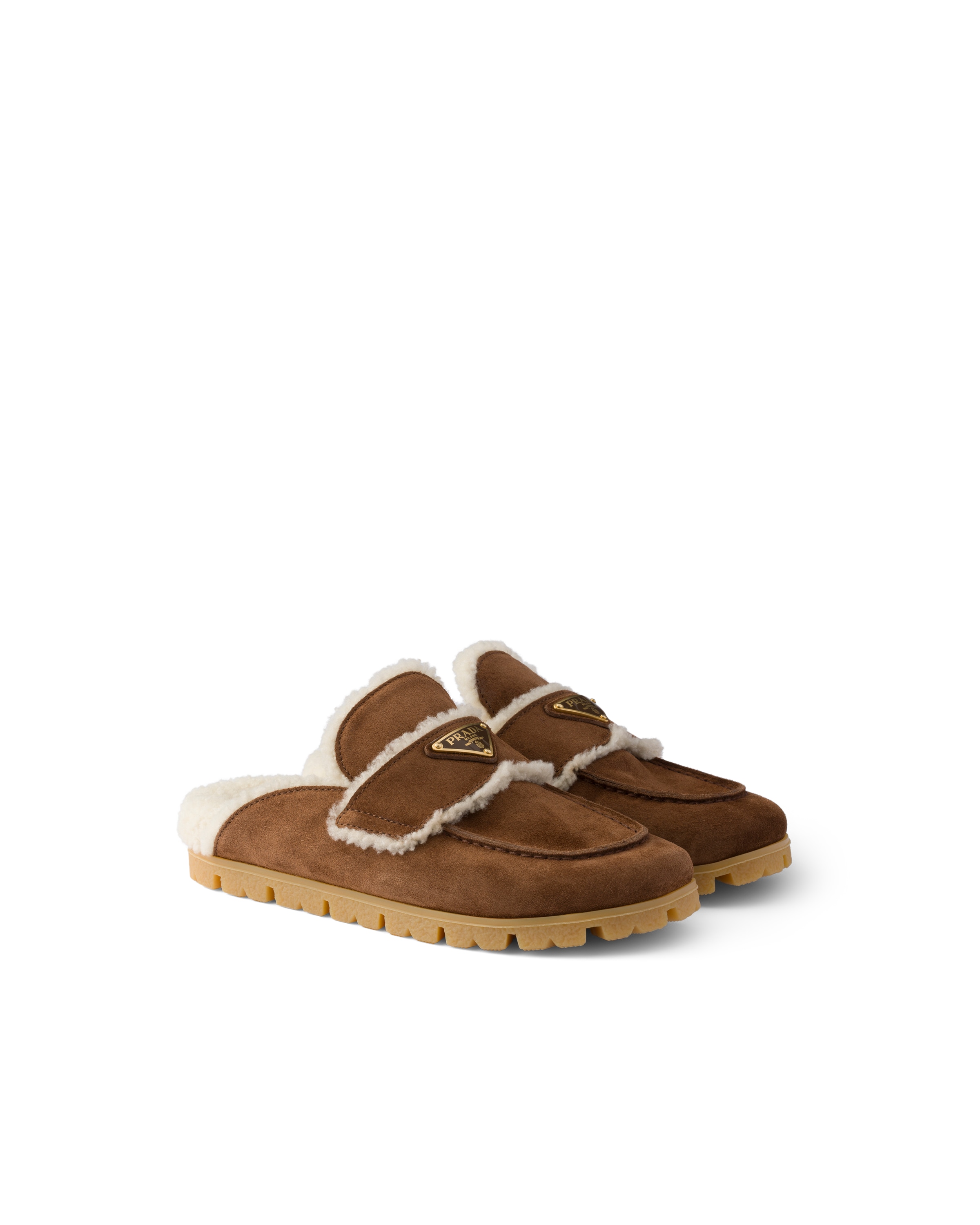 Prada Suede And Shearling Mules In Brown