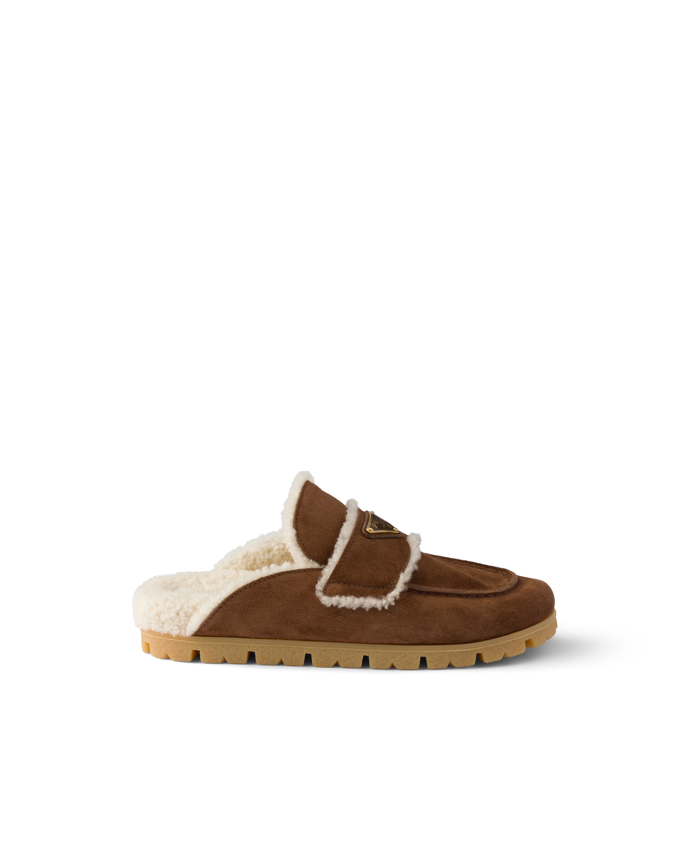 Prada Suede And Shearling Mules In Brown