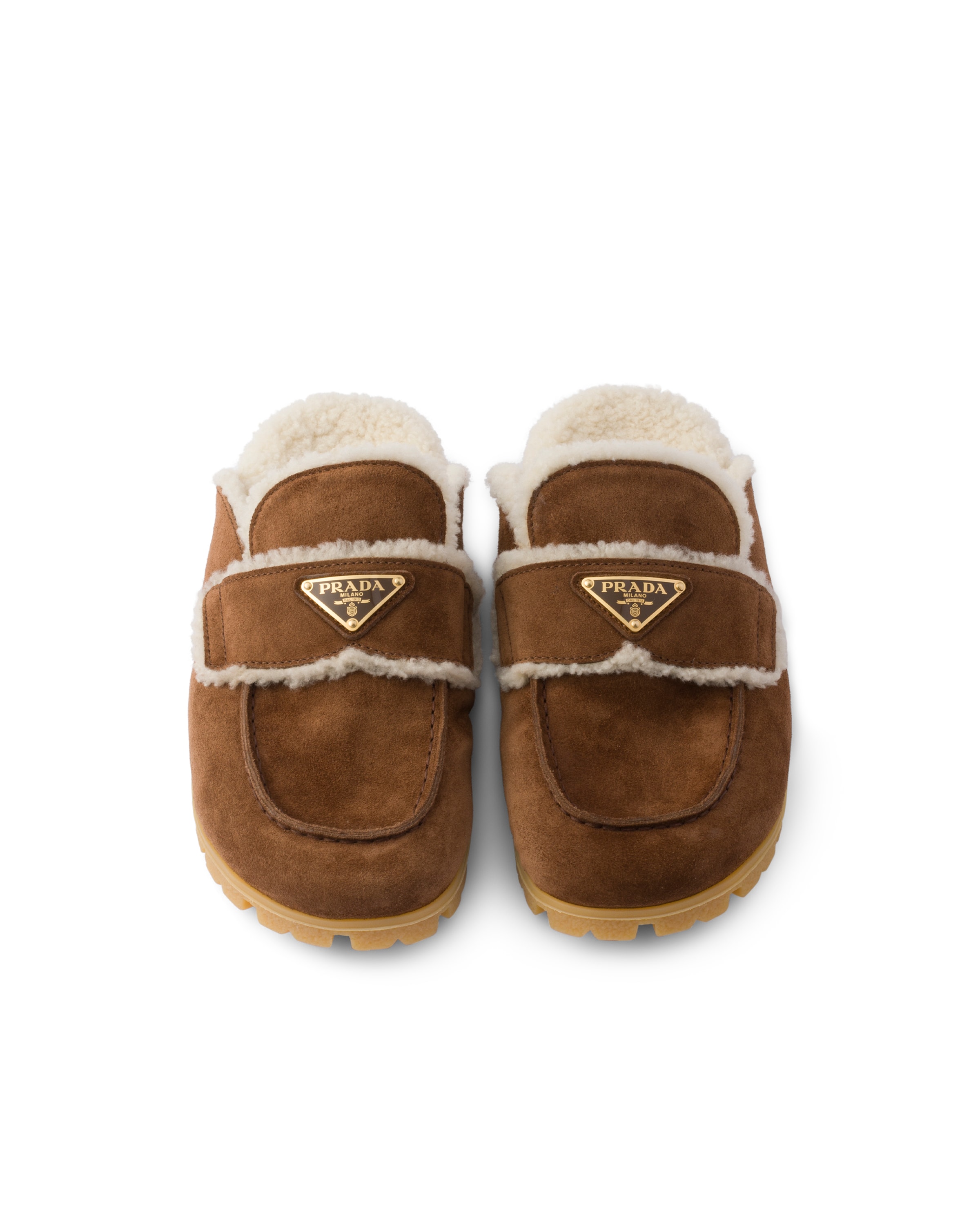 Prada Suede And Shearling Mules In Brown