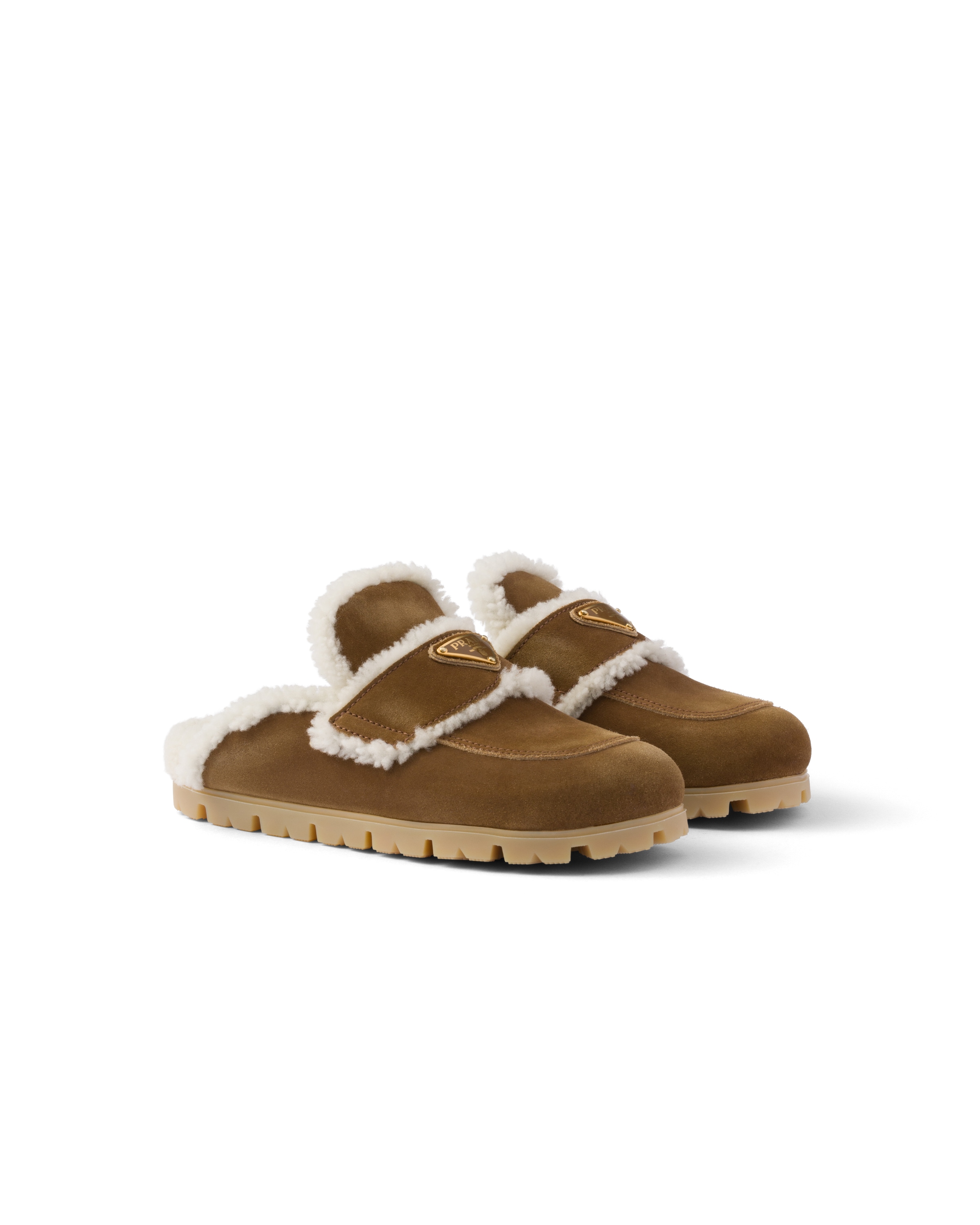 Prada Slippers In Pelle Scamosciata E Montone, Donna, Cannella, Taglia 35