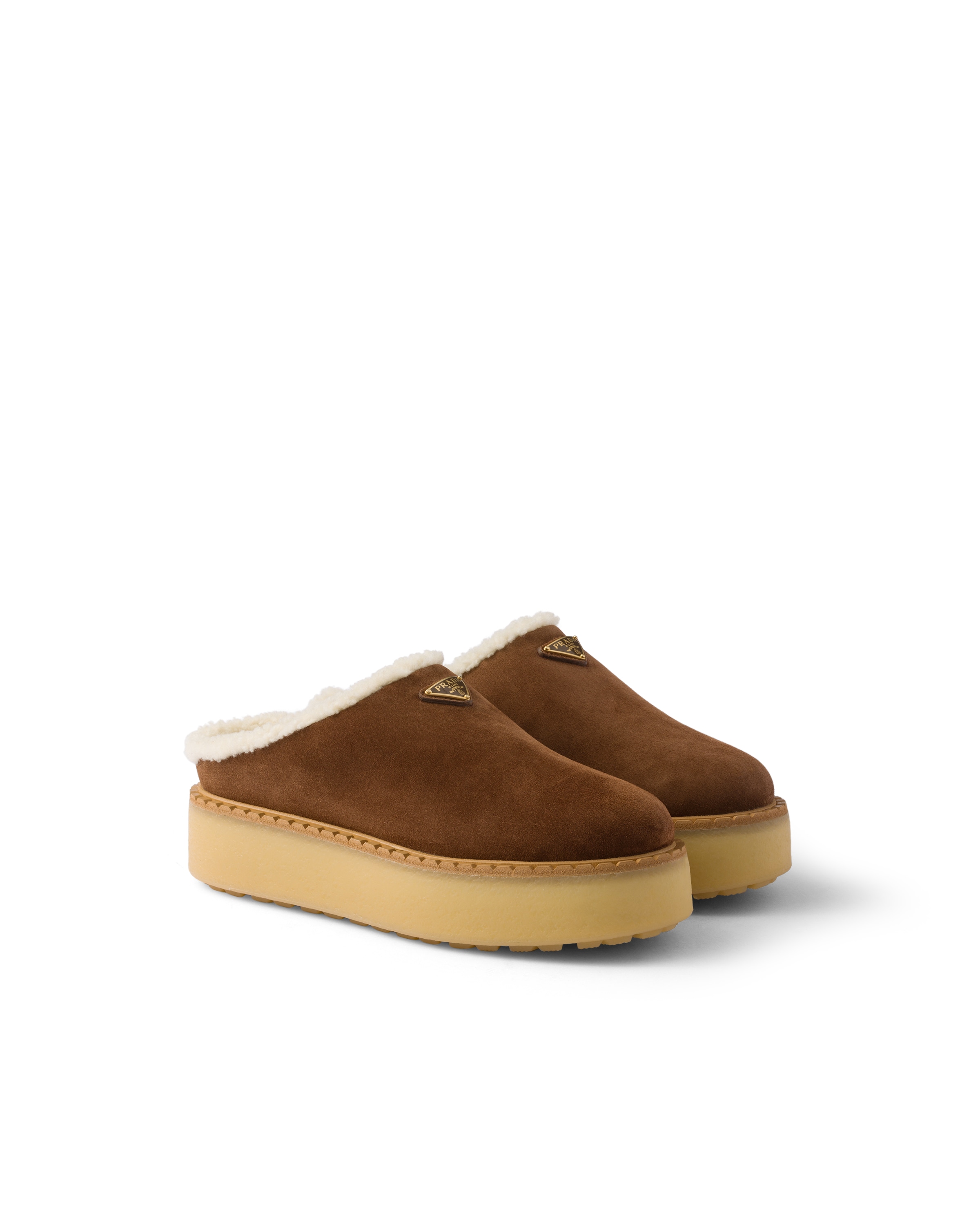 Prada Brown Suede Mules With Shearling Trim And Plush Lining In Blue
