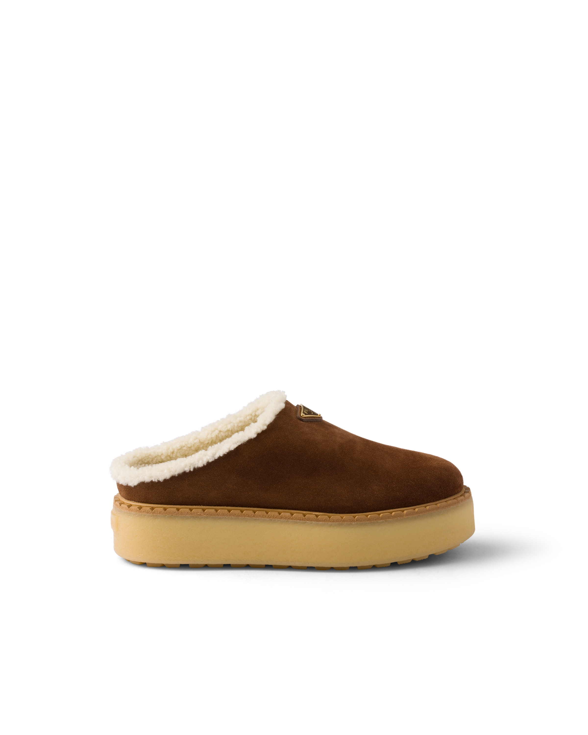 Prada Brown Suede Mules With Shearling Trim And Plush Lining In Blue