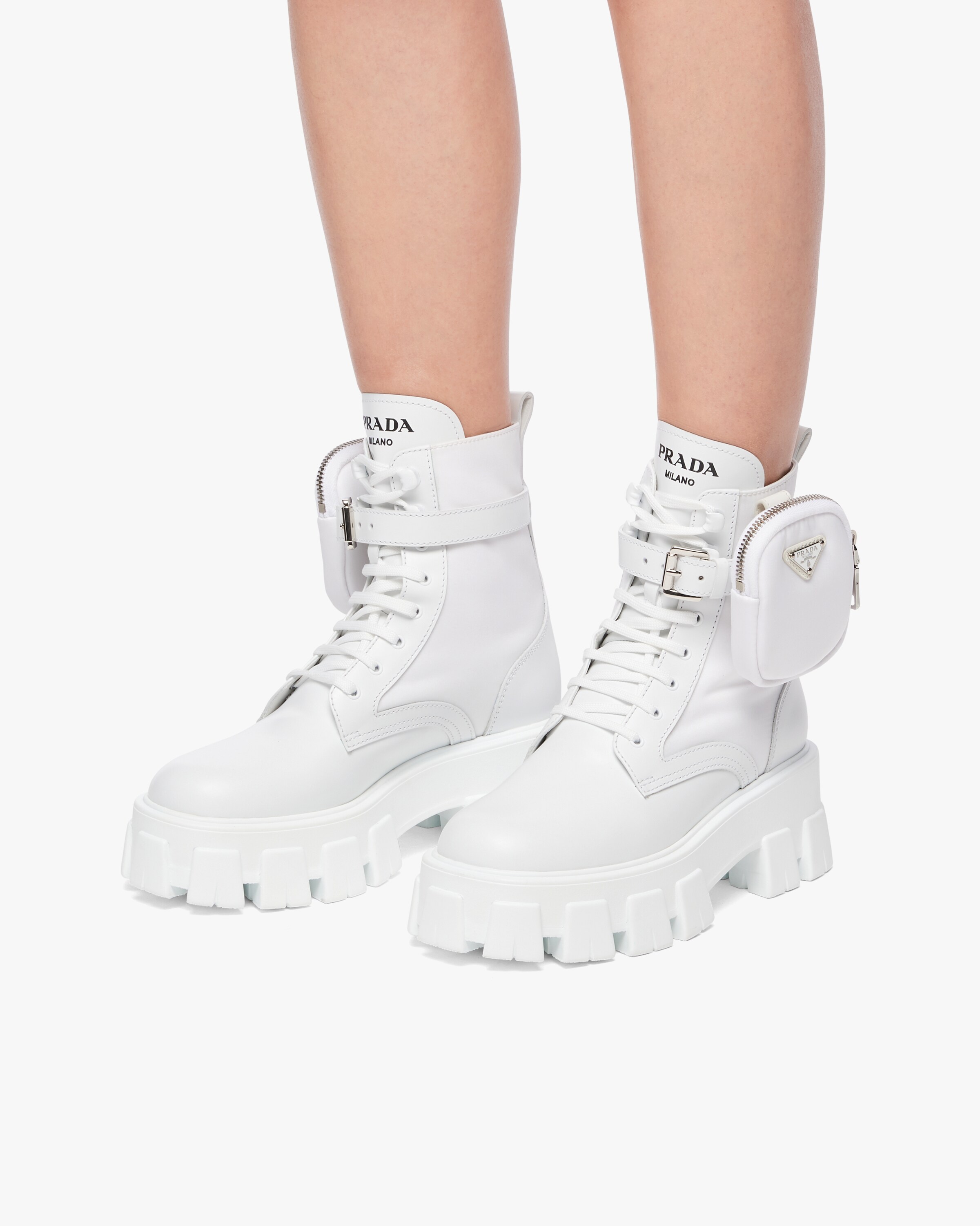 White Monolith brushed rois leather and nylon biker boots | Prada