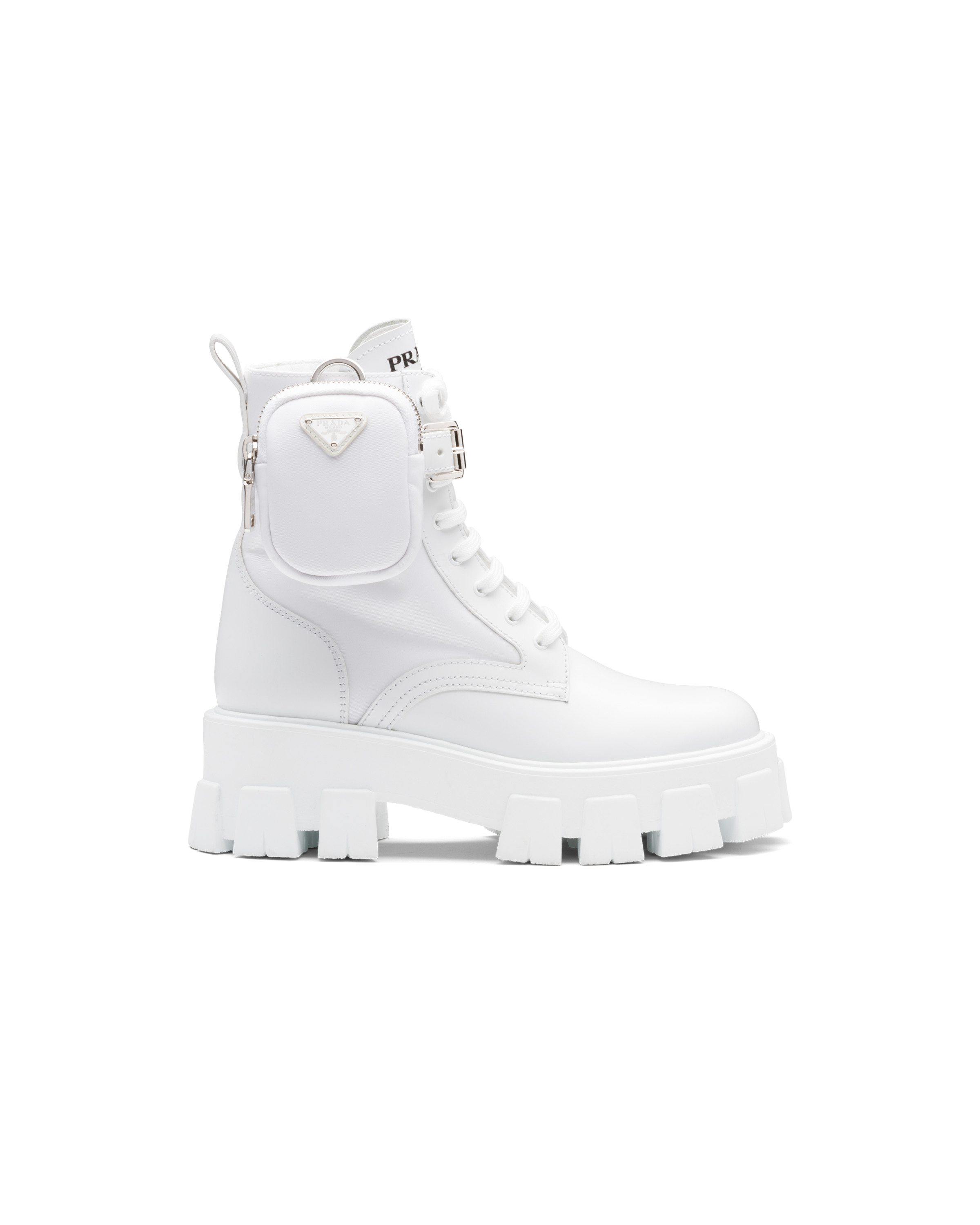 White Monolith brushed rois leather and nylon boots | Prada