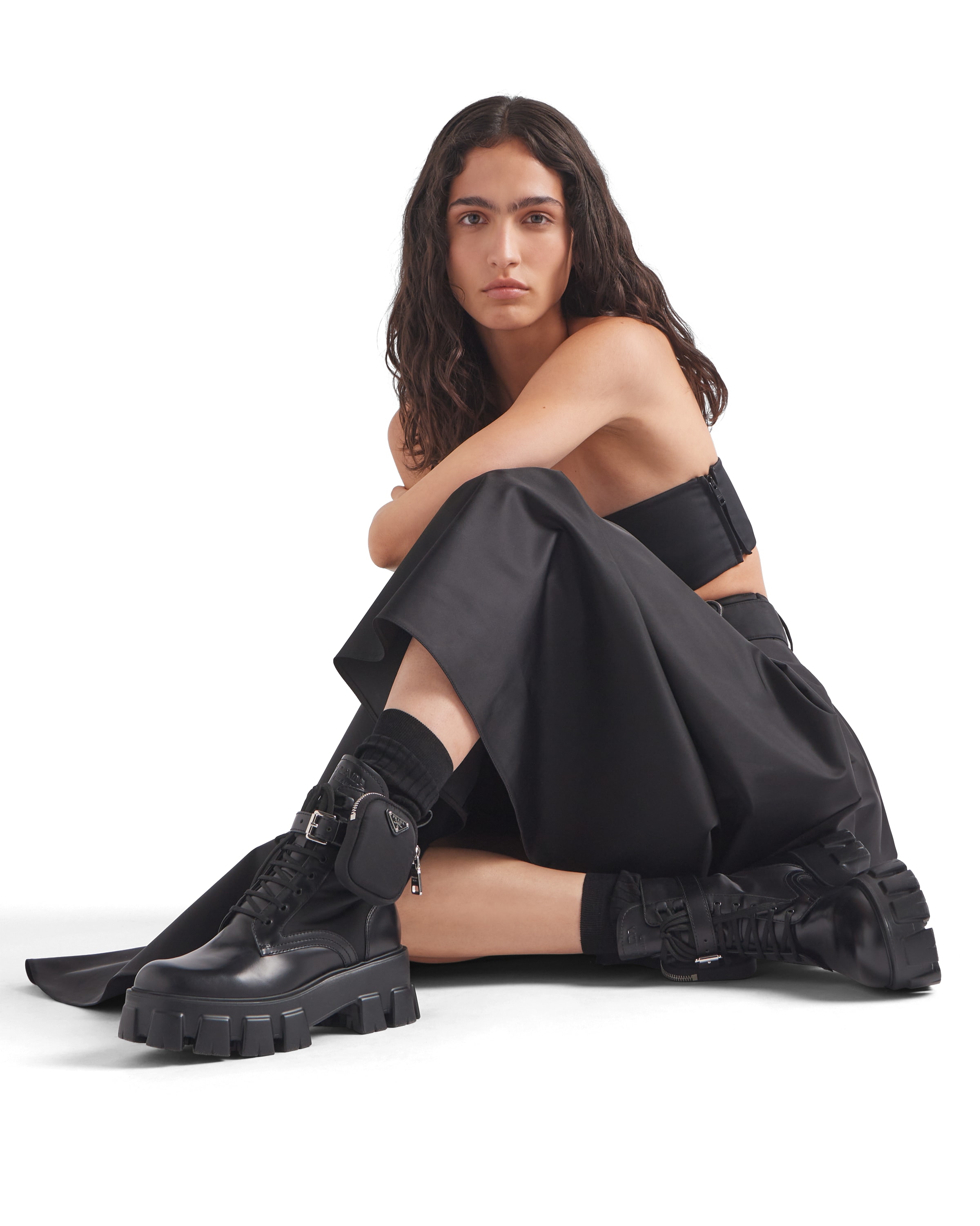 Prada Spazzolato Leather Rois Re-nylon Metal Triangle Logo Monolith Pouch  Pocket 55mm Boot (authent In Black