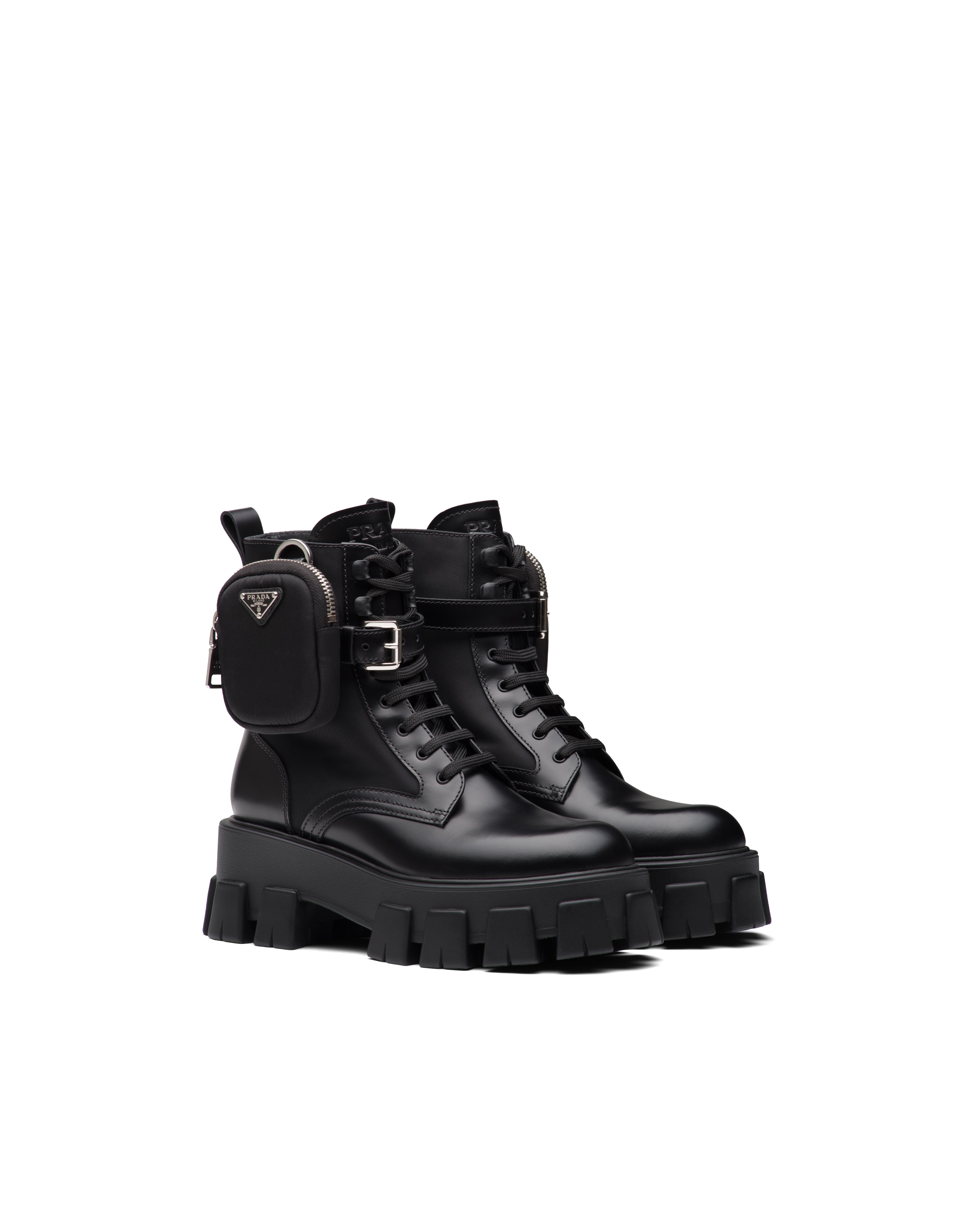 Prada Spazzolato Leather Rois Re-nylon Metal Triangle Logo Monolith Pouch  Pocket 55mm Boot (authent In Black