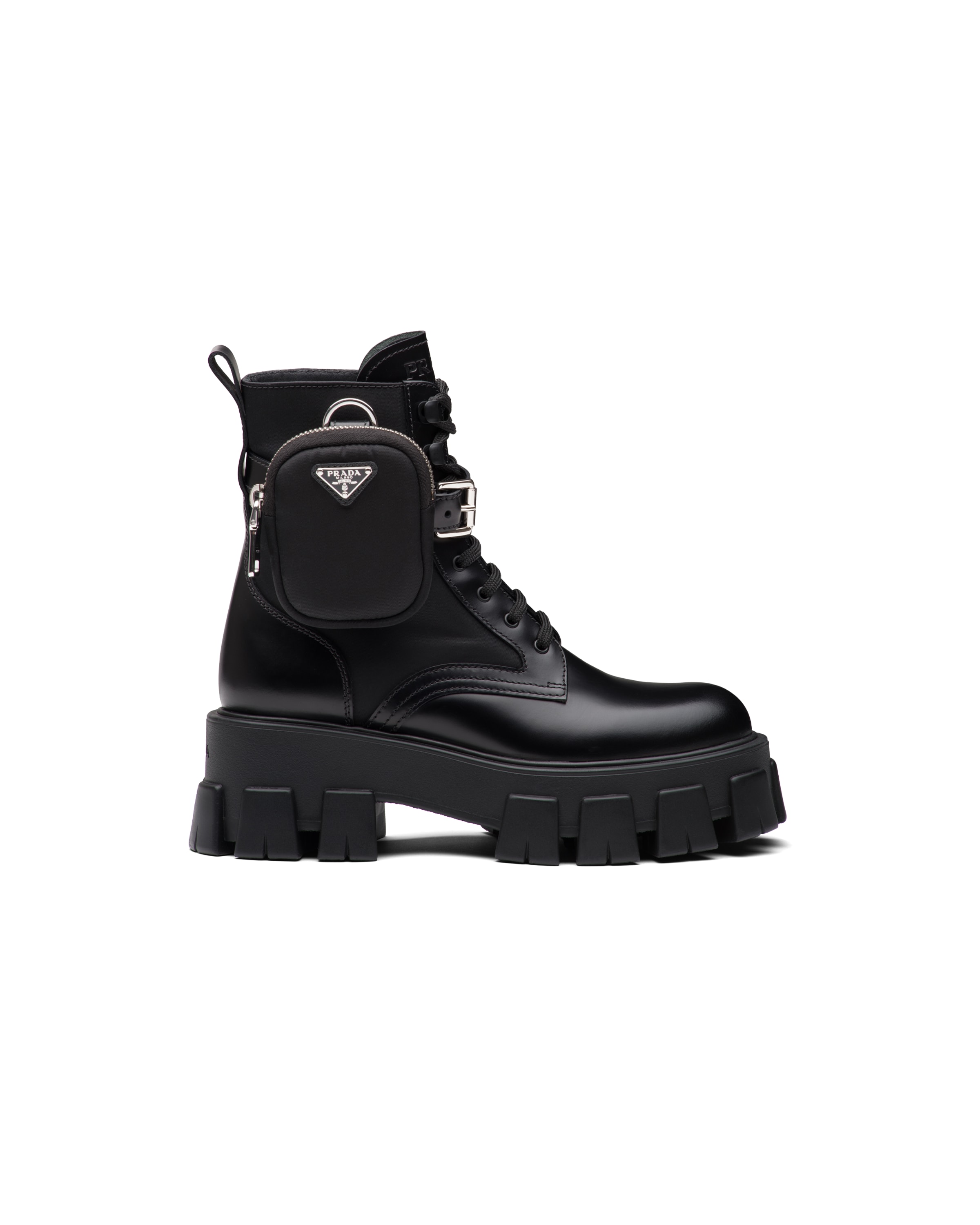 Prada Spazzolato Leather Rois Re-nylon Metal Triangle Logo Monolith Pouch  Pocket 55mm Boot (authent In Black