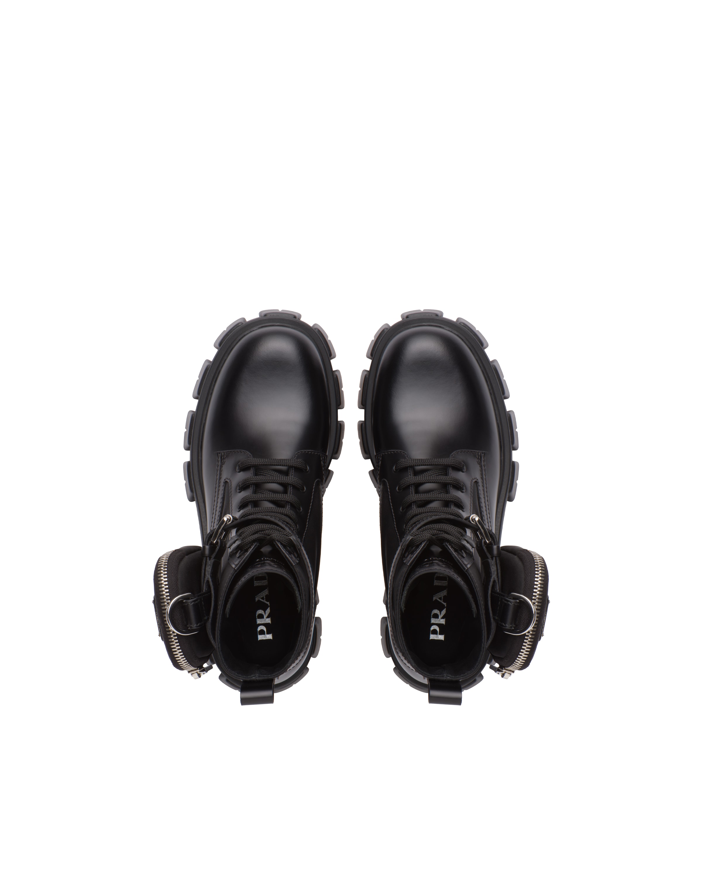 Prada Spazzolato Leather Rois Re-nylon Metal Triangle Logo Monolith Pouch  Pocket 55mm Boot (authent In Black