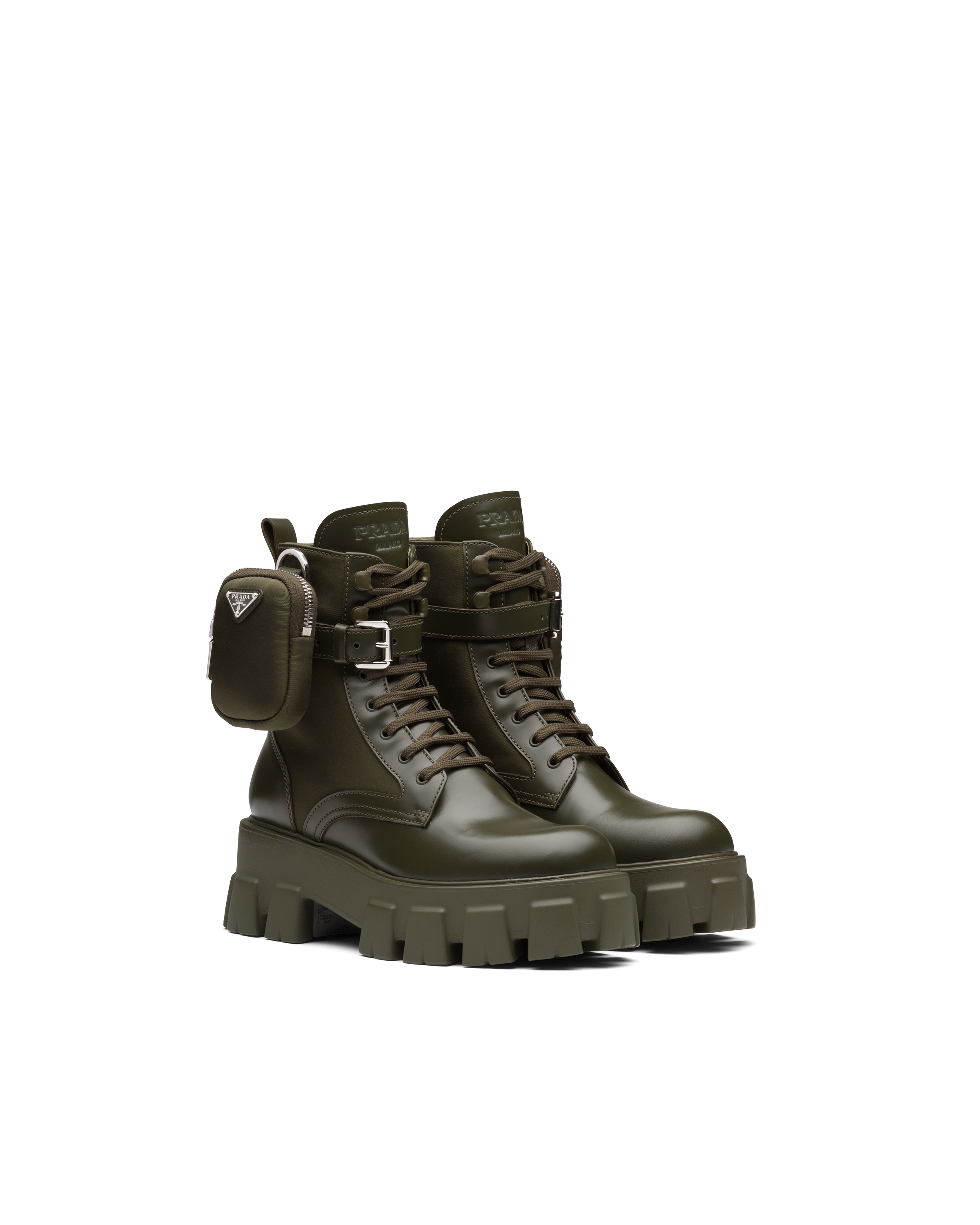 Shop Prada Monolith Leather And Re-nylon Boots With Pouch In Military Green