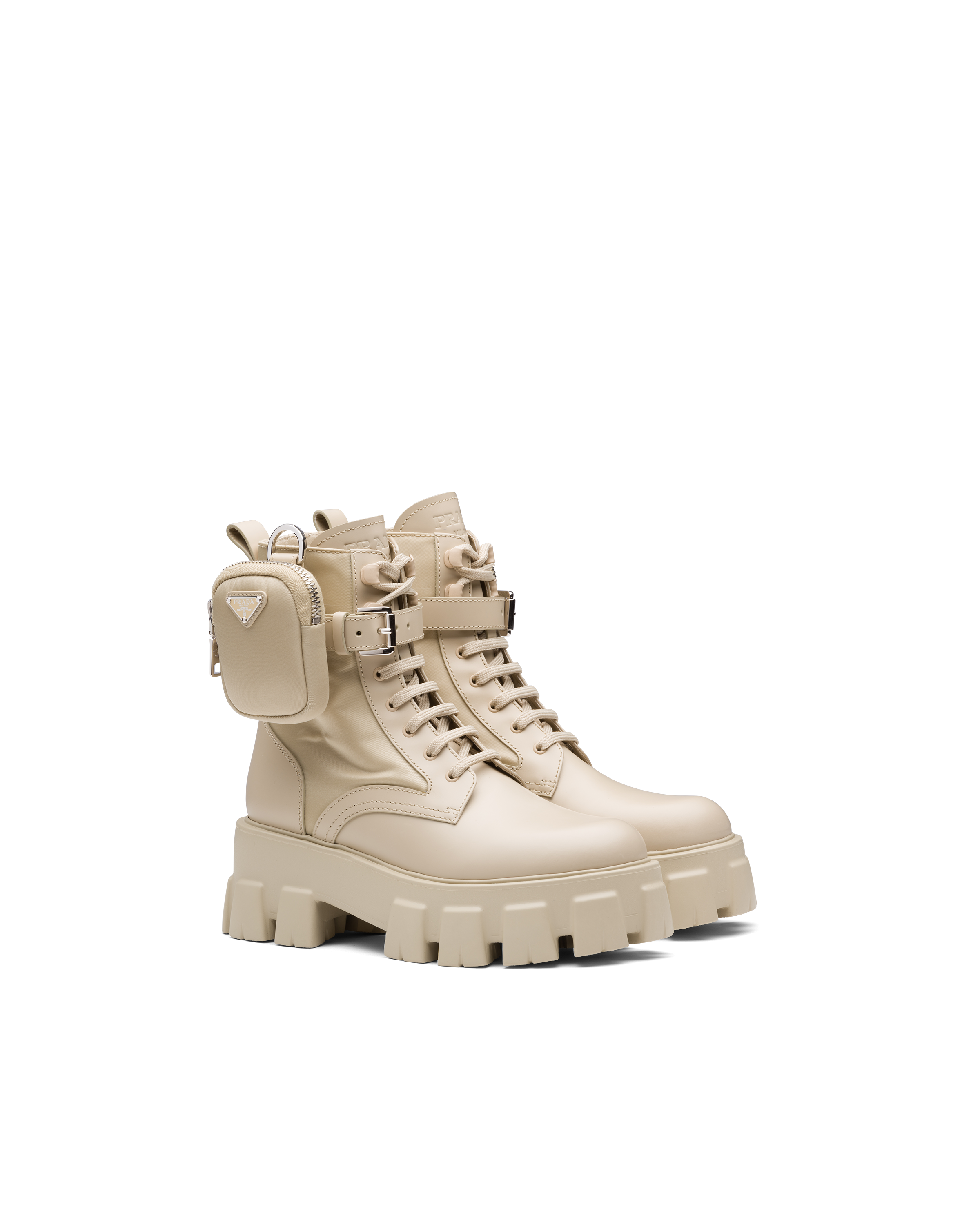 Shop Prada Monolith Leather And Re-nylon Boots With Pouch In Desert Beige