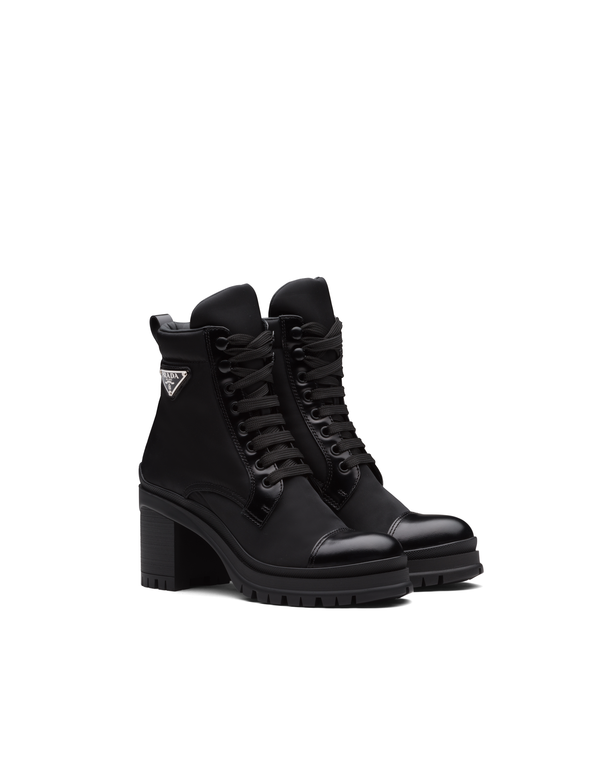 Black Brushed leather and nylon laced booties | Prada