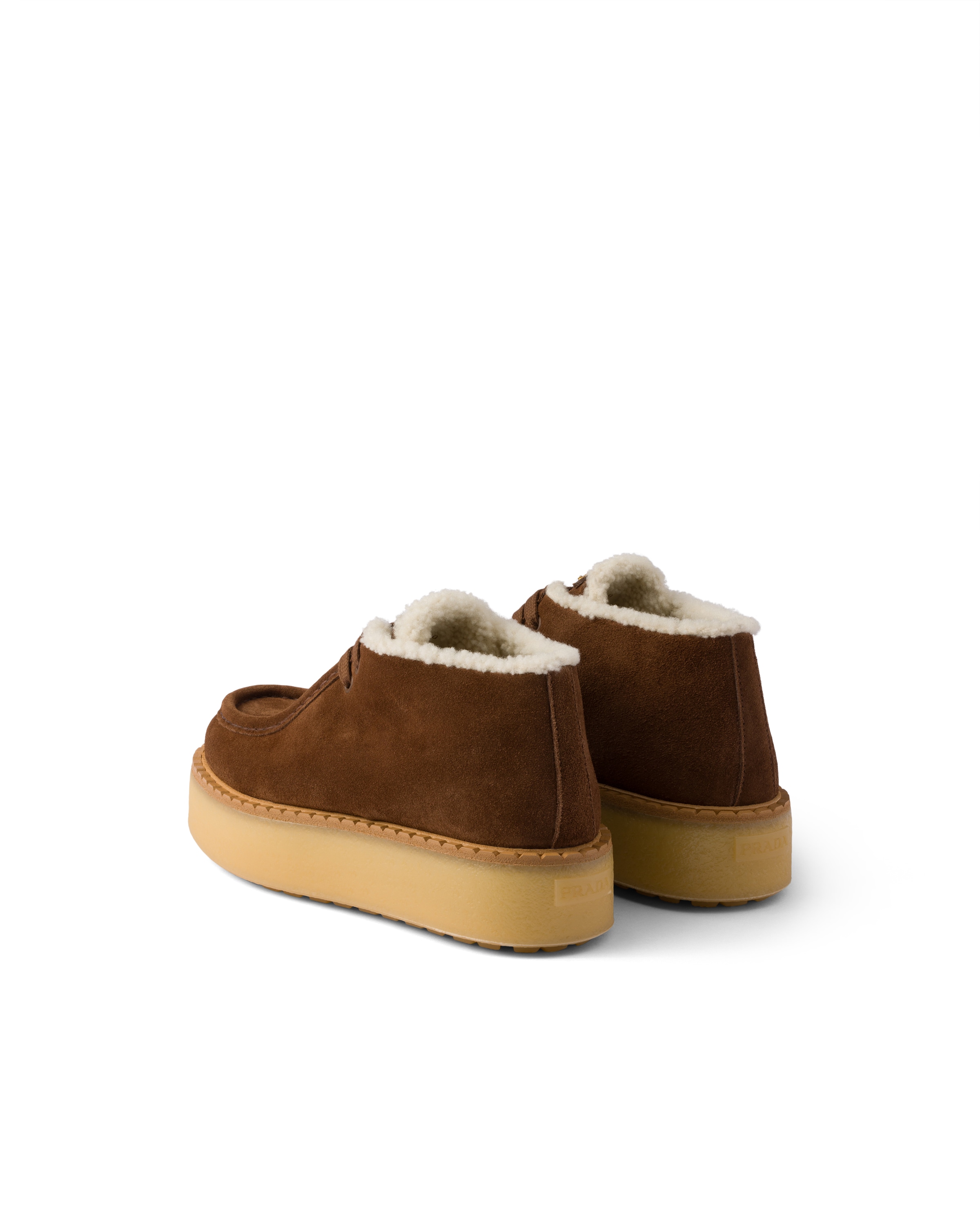 Prada Suede Chukka Boots With Shearling Lining And Rubber Flatform Sole In Brown