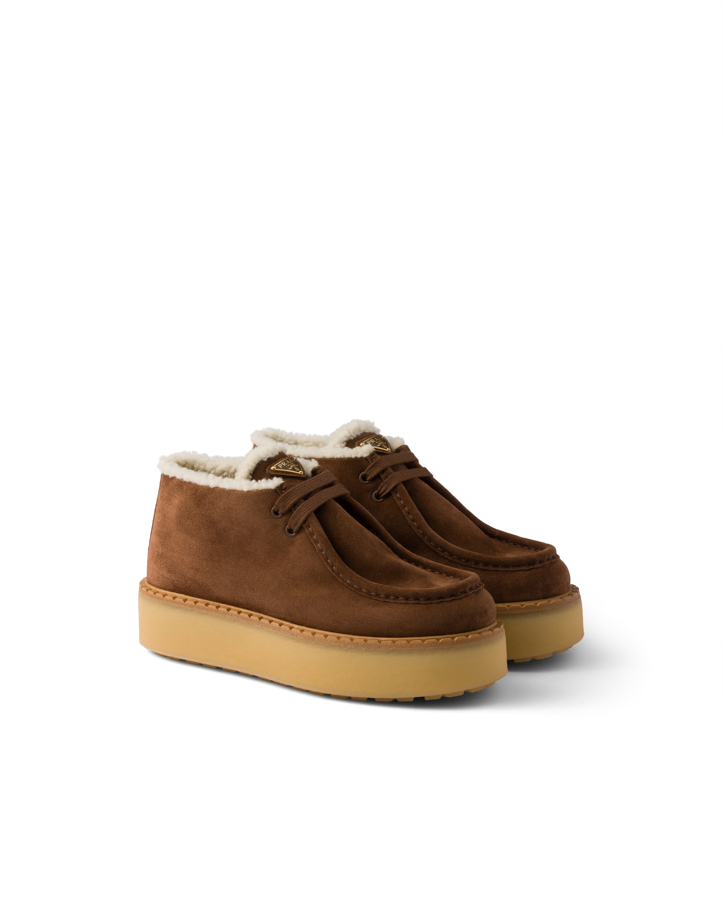 Prada Suede Chukka Boots With Shearling Lining And Rubber Flatform Sole In Brown