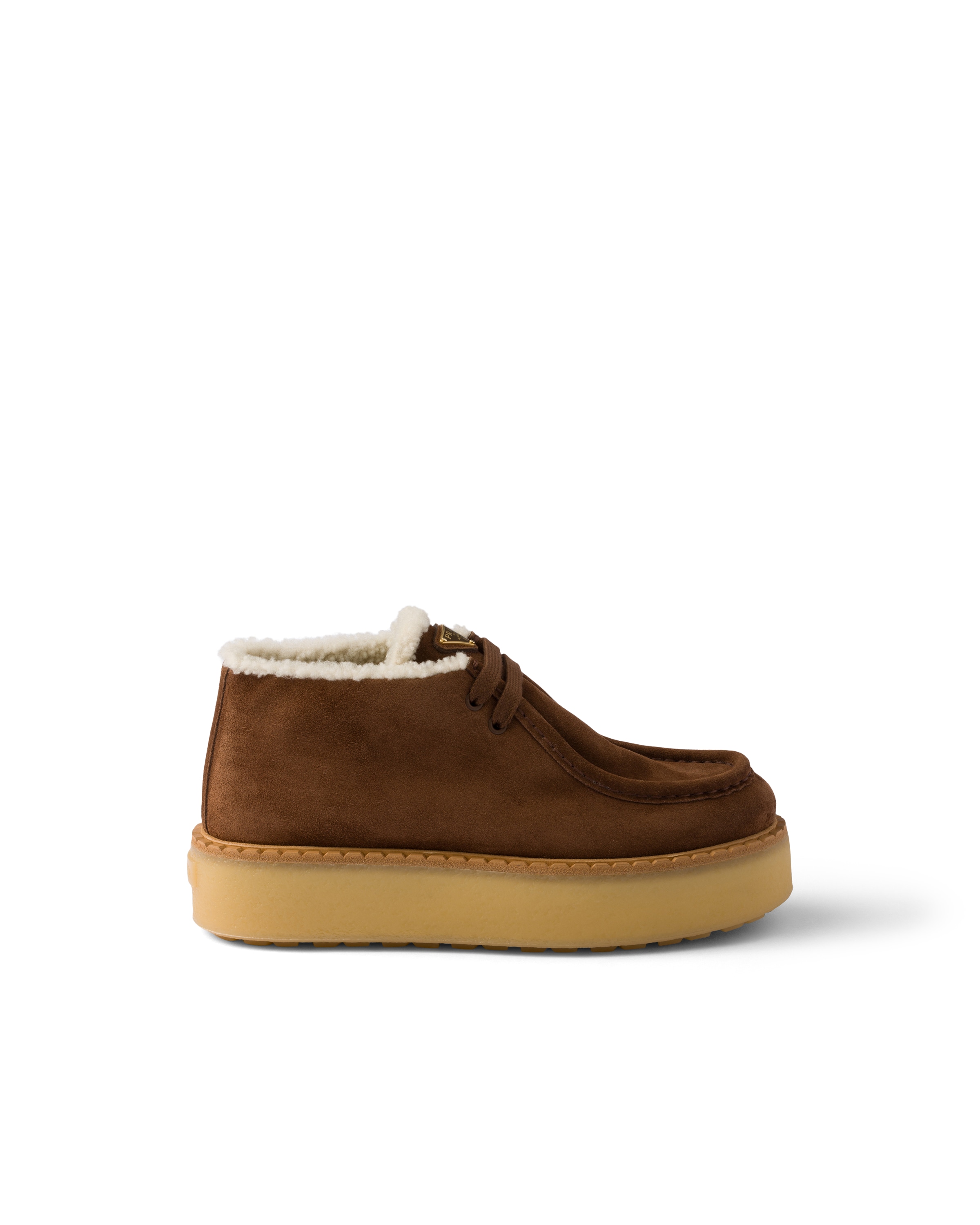 Prada Suede Chukka Boots With Shearling Lining And Rubber Flatform Sole In Brown