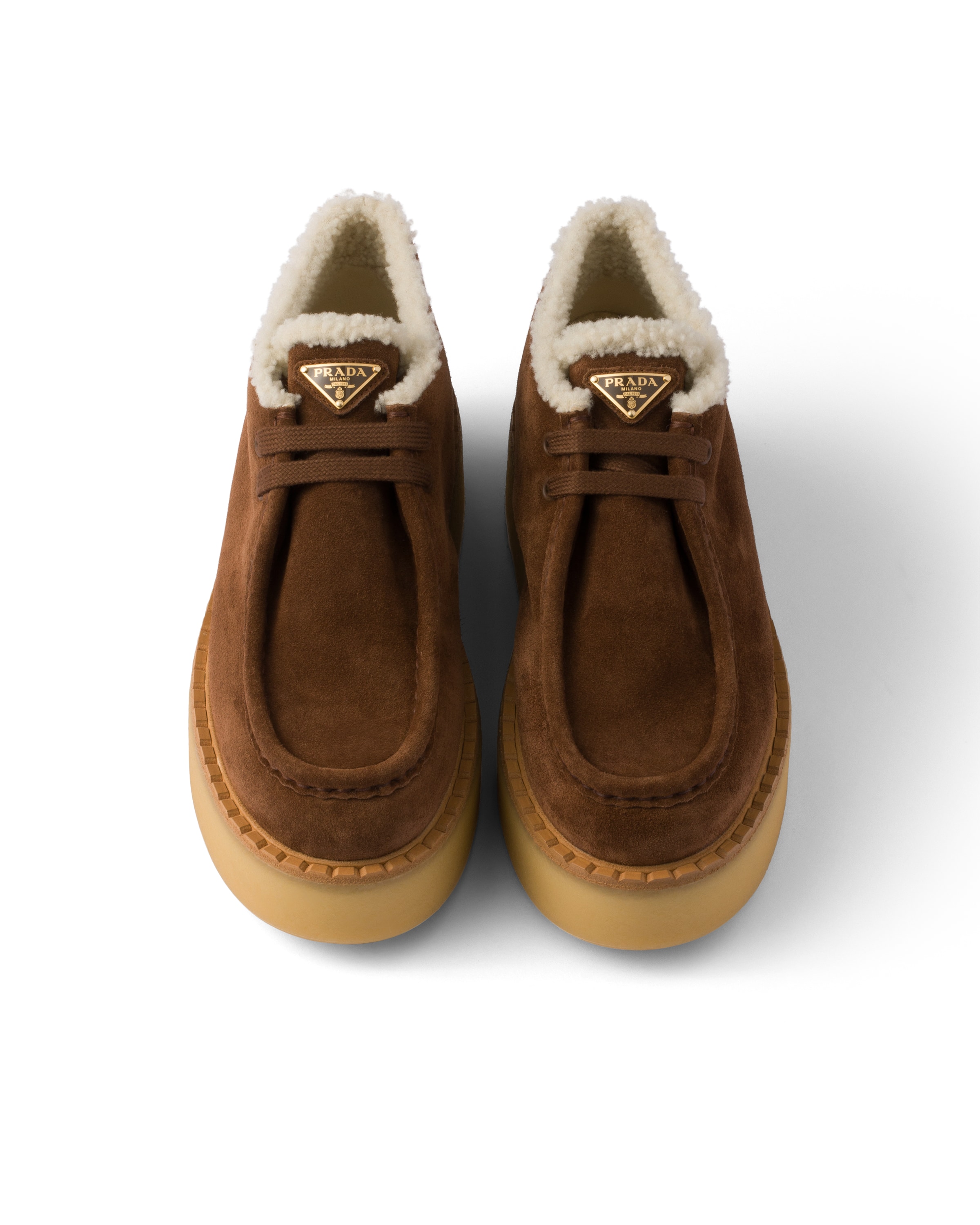 Prada Suede Chukka Boots With Shearling Lining And Rubber Flatform Sole In Brown