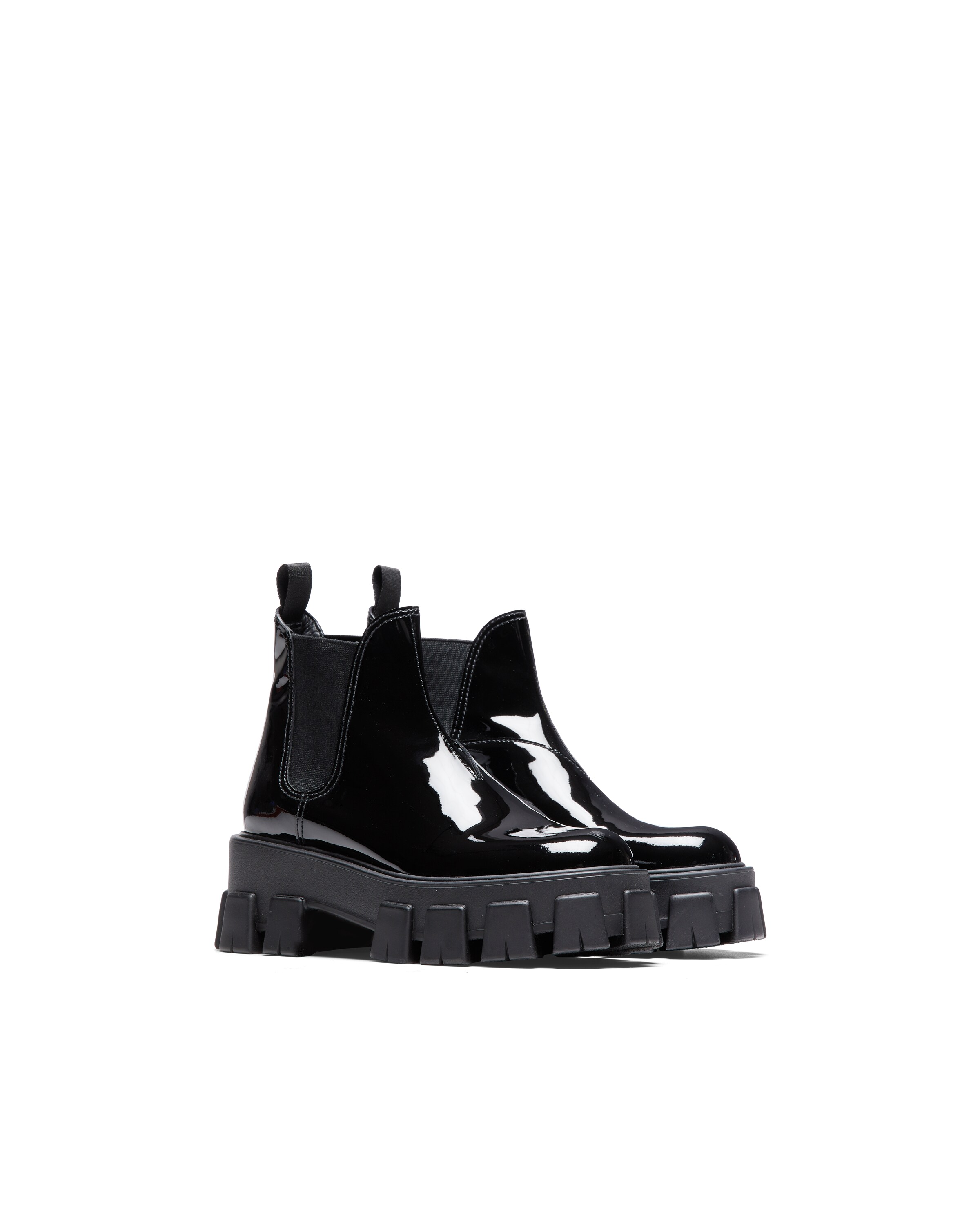 monolith patent leather booties prada