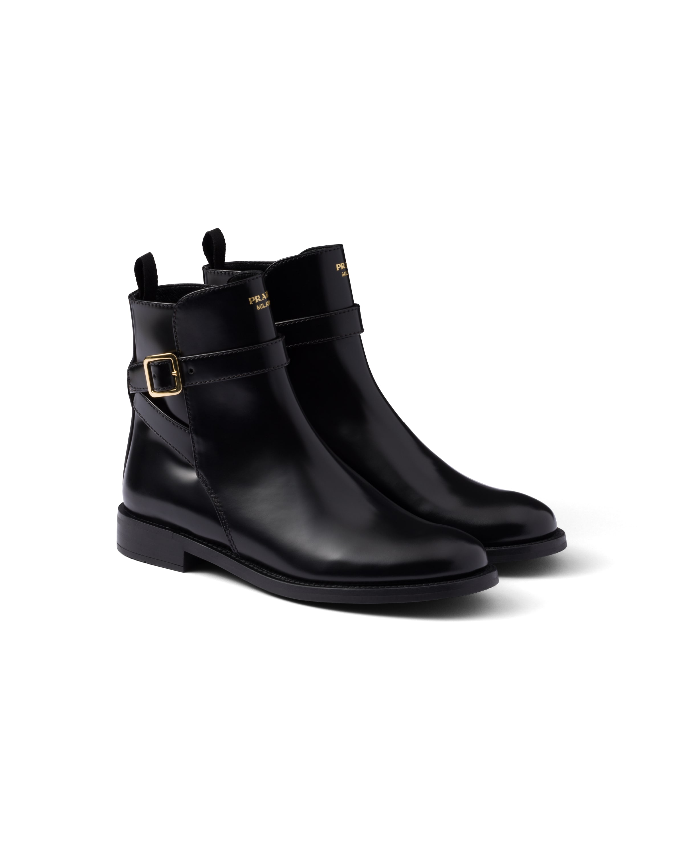 Prada Stivaletti In Pelle Spazzolata Con Cinturino, Donna, Nero, Taglia 40,5