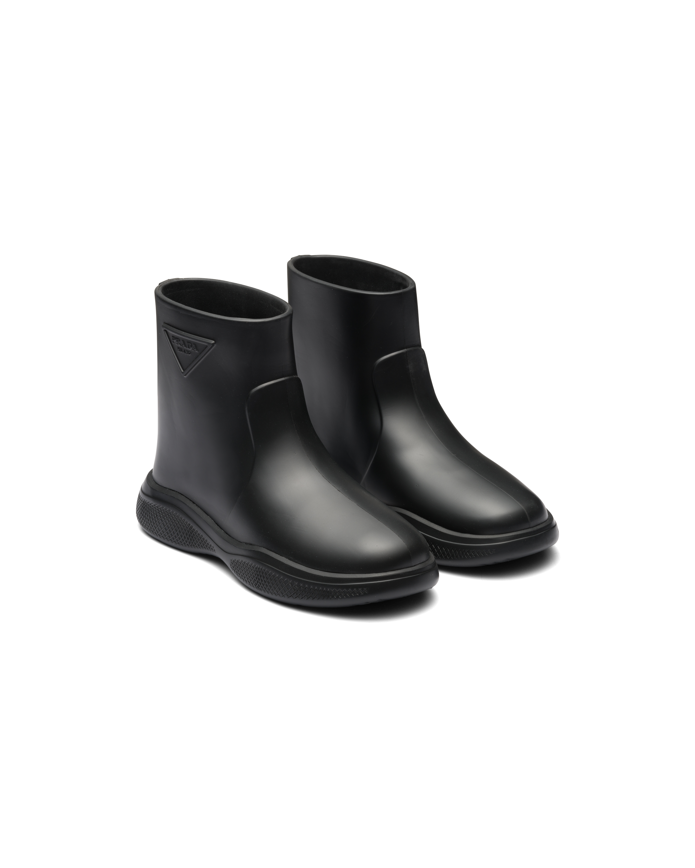 Prada Rubber Logo Pull-on Rain Booties In Black | ModeSens
