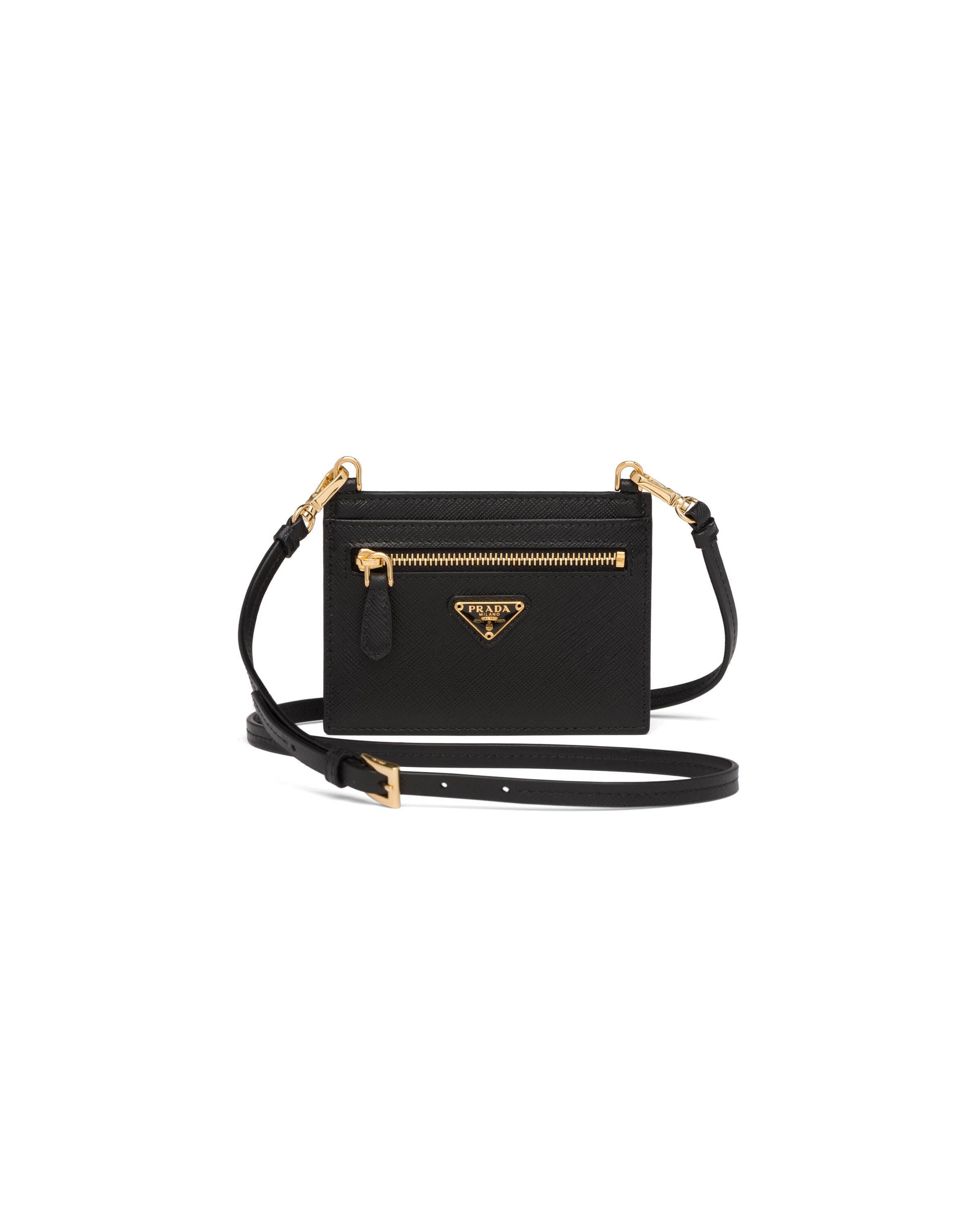 Black Saffiano Leather Card Holder with Strap Prada