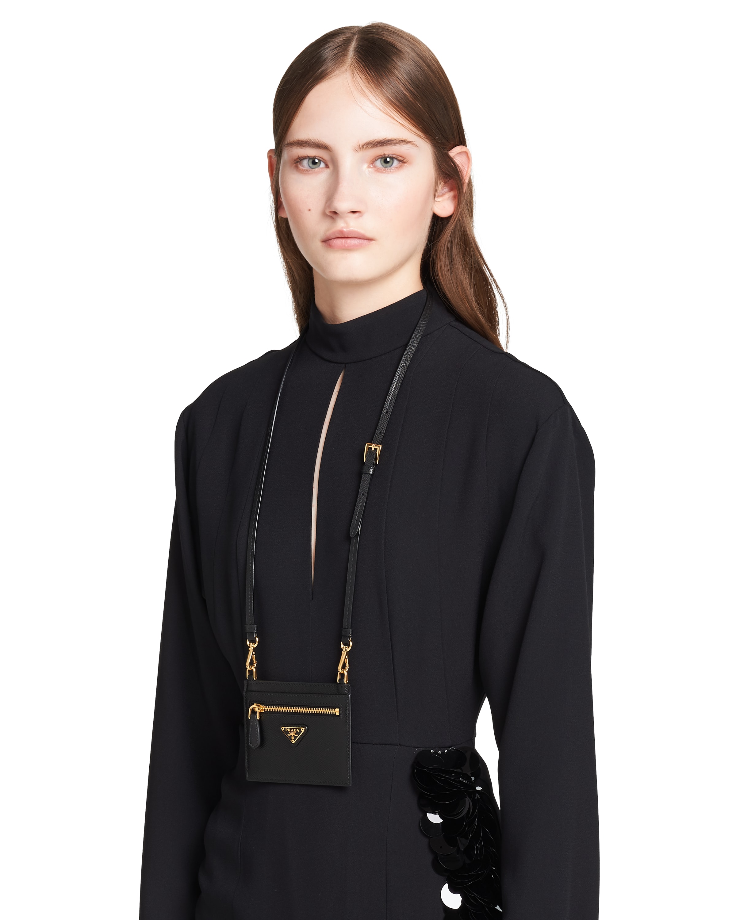 Black Saffiano Leather Card Holder with Strap Prada