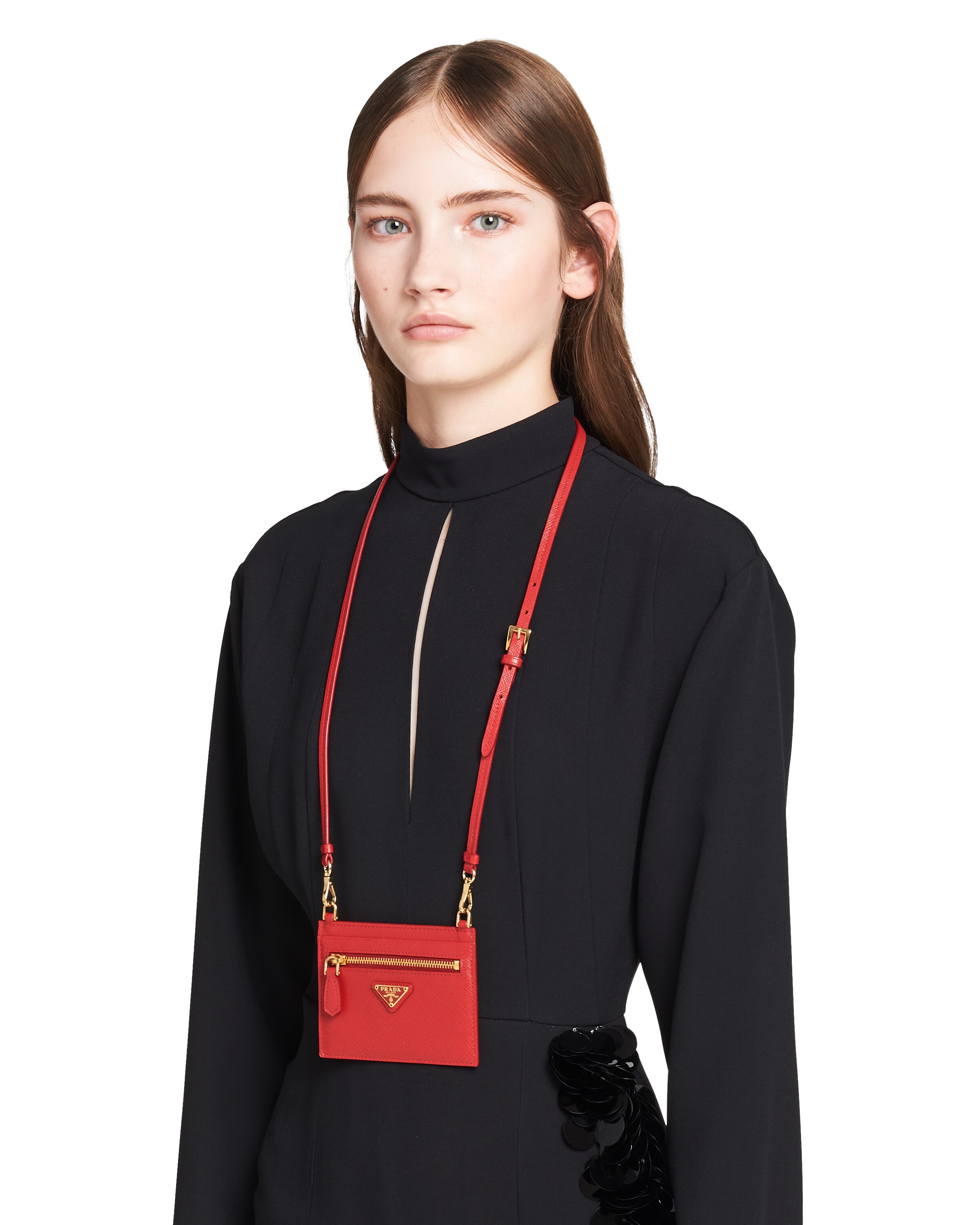 Fiery Red Saffiano Leather Card Holder with Strap Prada