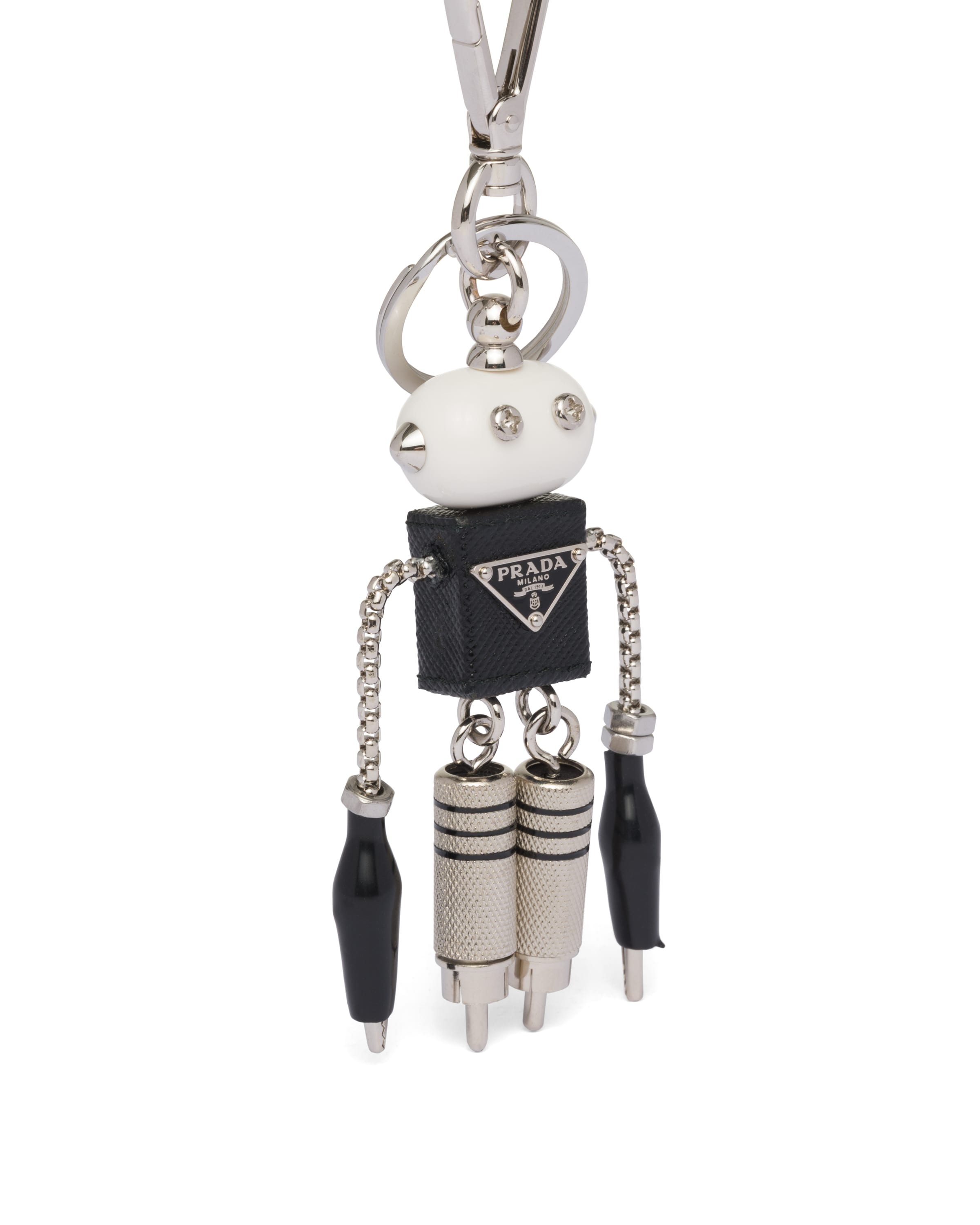 Prada Saffiano-leather Robot Keychain Trick In Steel/black
