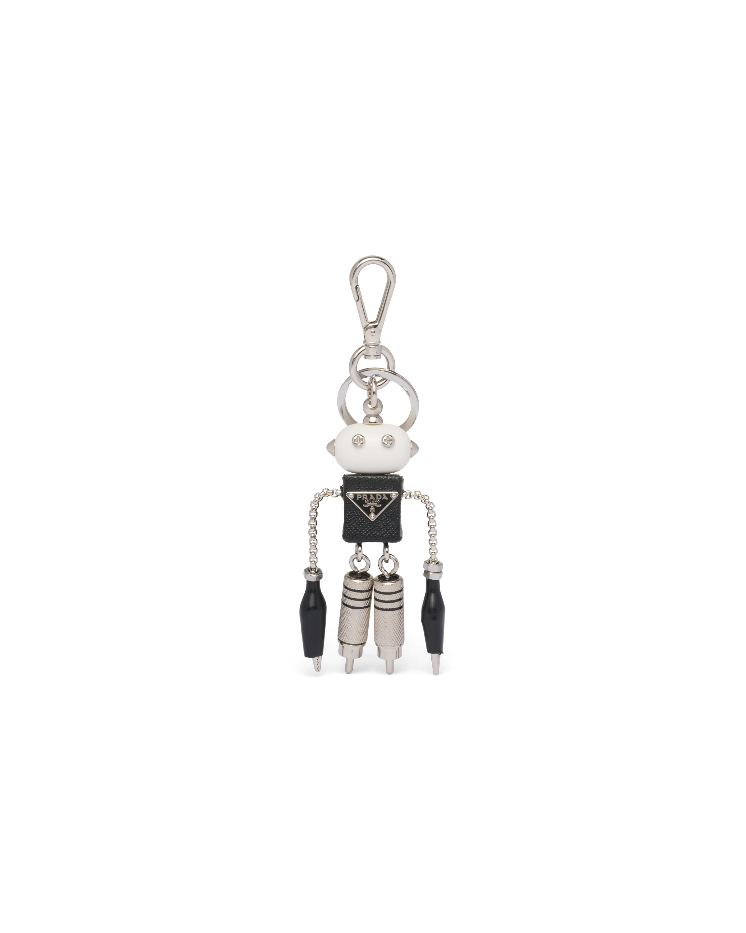 Prada Saffiano Leather Robot Keychain Trick In Steel/black