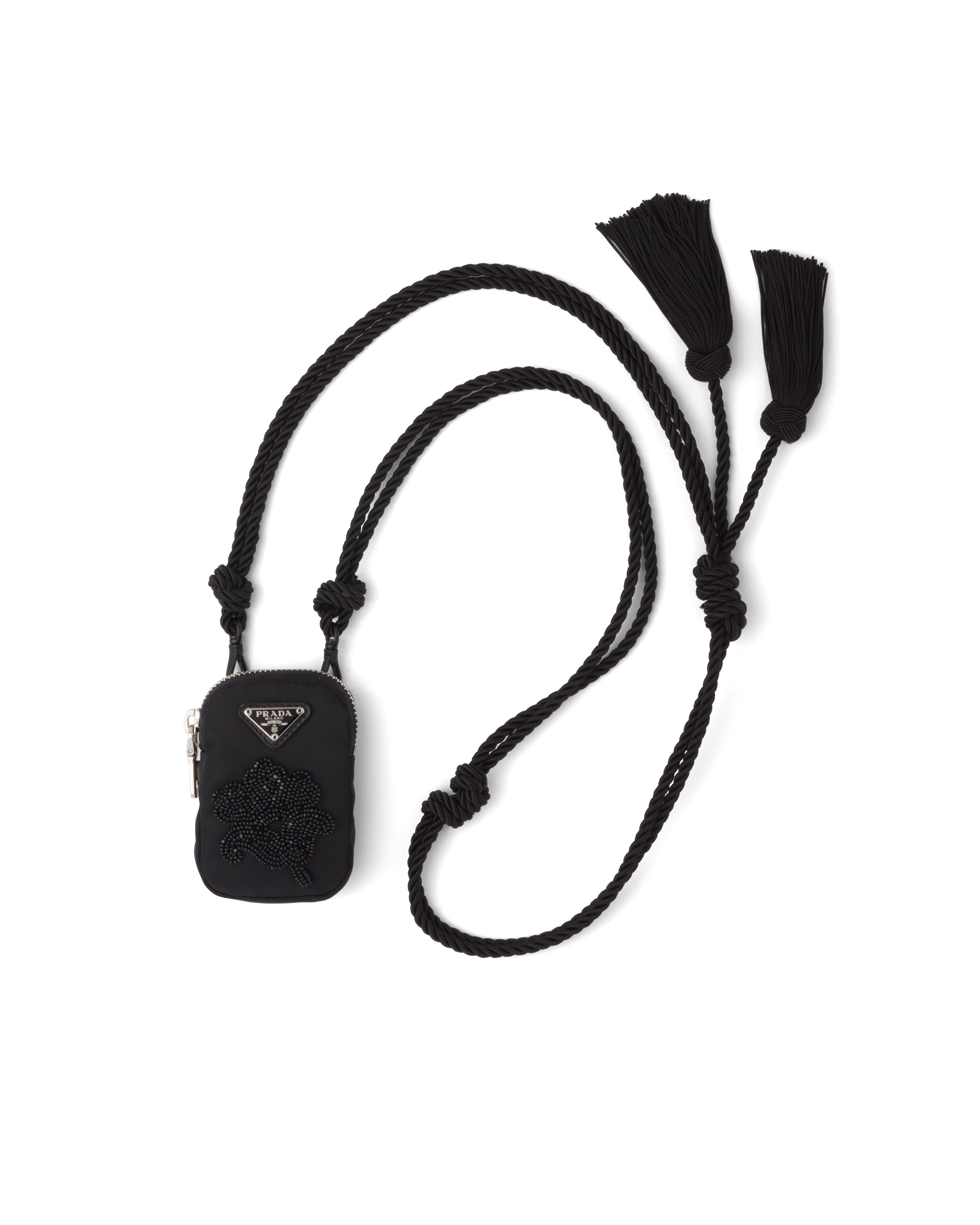 Black Embroidered nylon necklace bag Prada