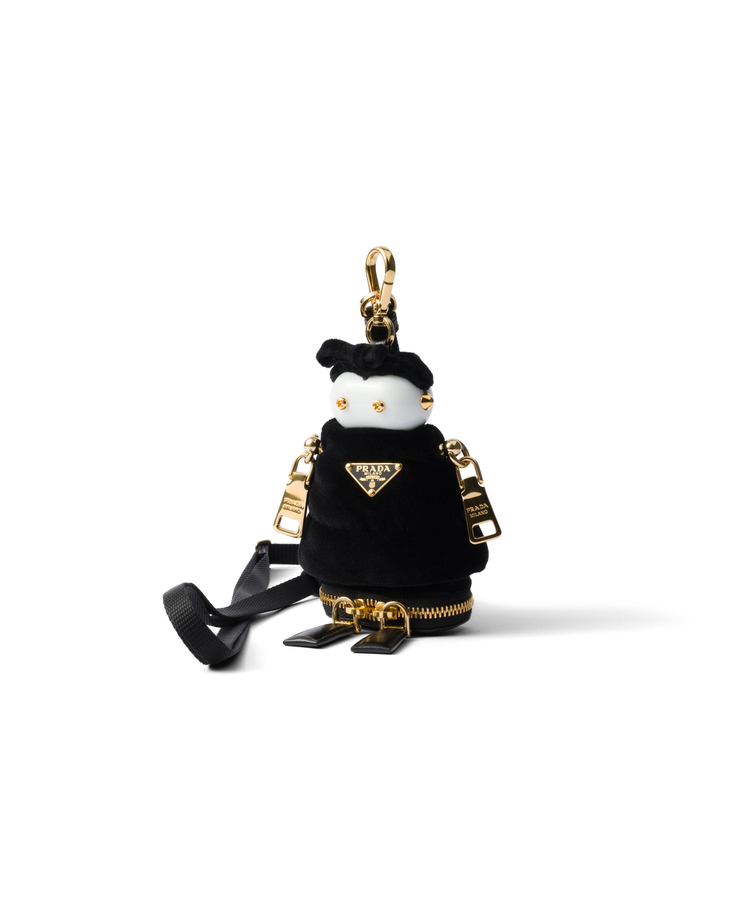 Prada Ciondolo Portachiavi Soft Robot Con Tracolla In Velluto, Donna, Nero