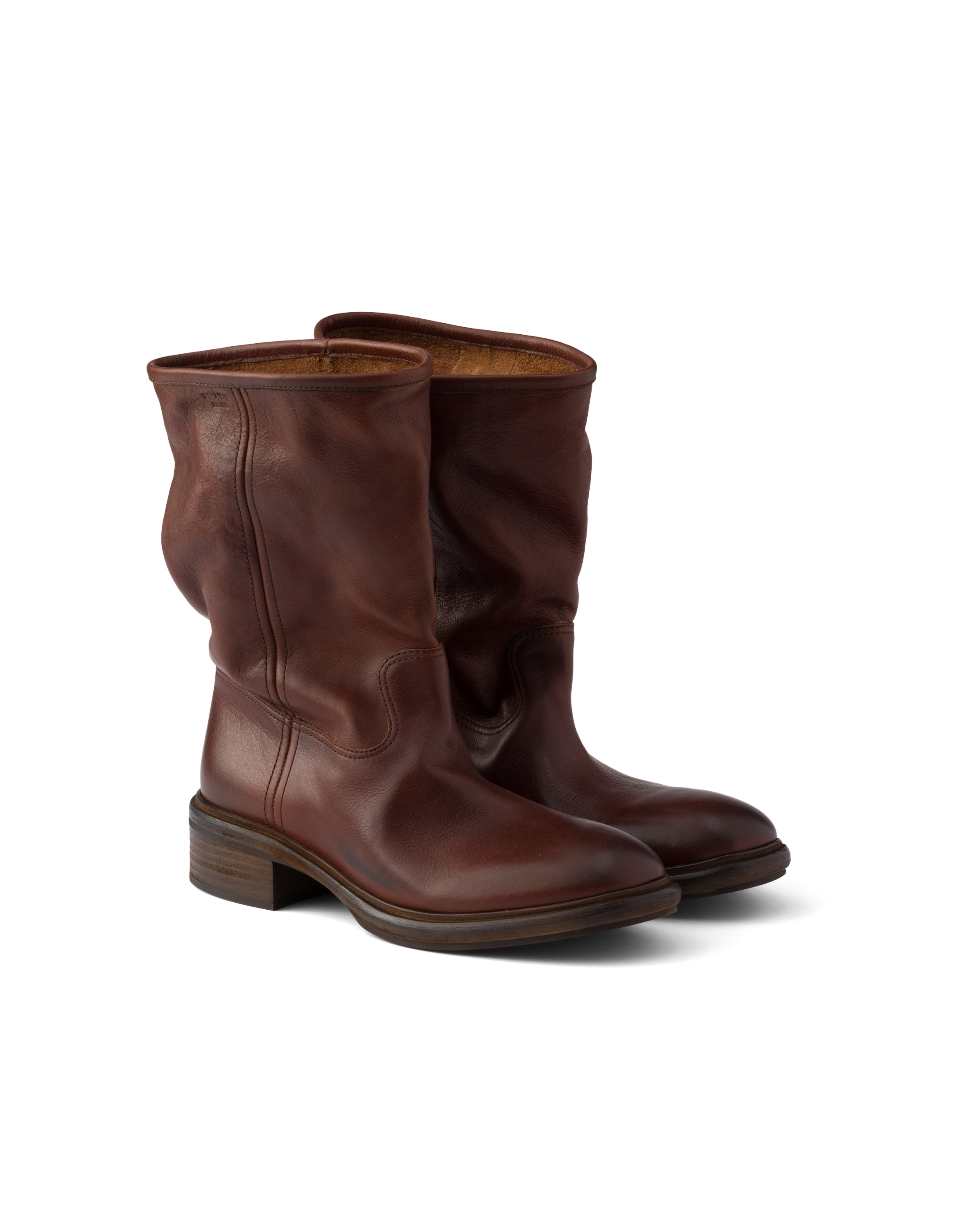 Vintage-effect Leather Boots, Woman, Cocoa Brown, Size 34,5