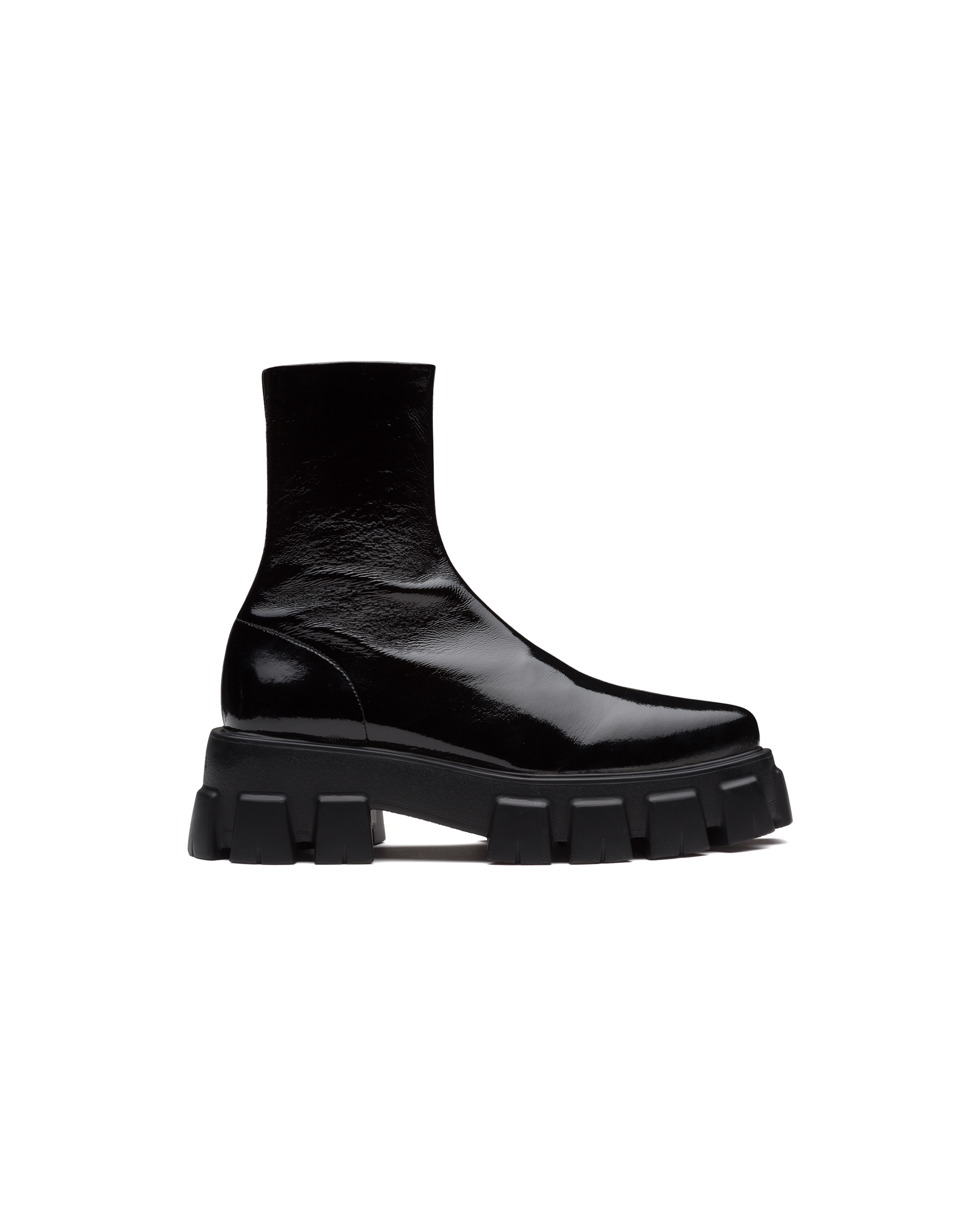prada monolith patent leather pointed booties