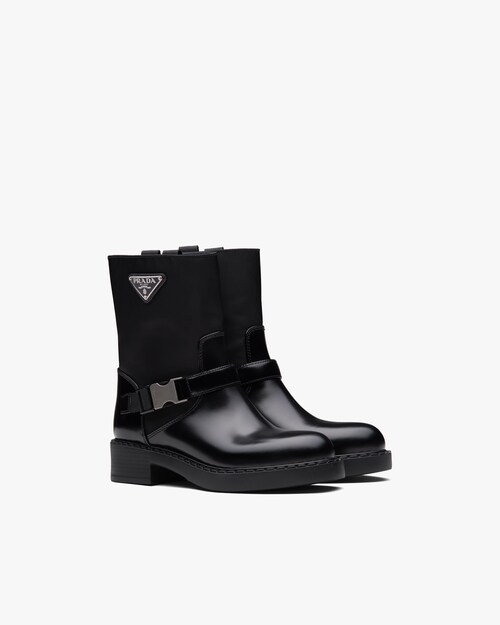 Black Brushed leather and Re-Nylon booties | Prada