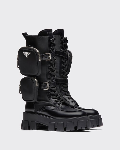 Black Monolith brushed rois leather and nylon boots | Prada