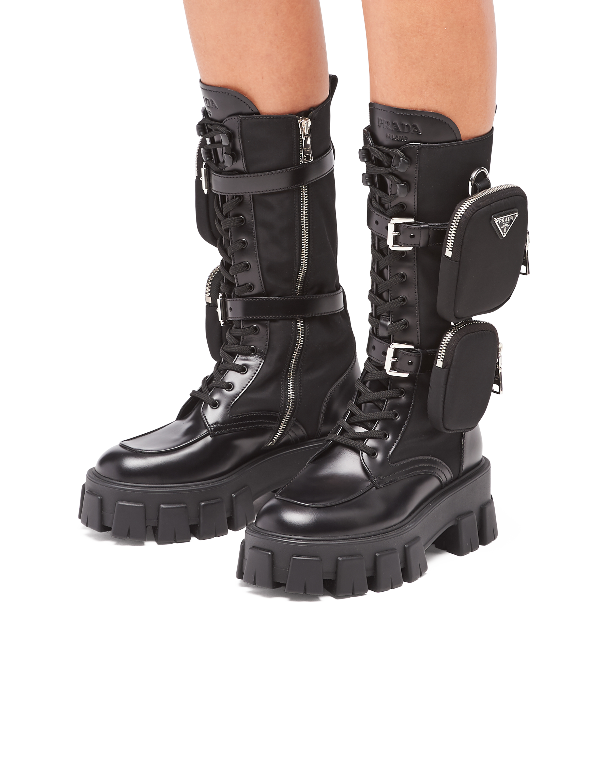 Black Monolith brushed rois leather and nylon biker boots | Prada