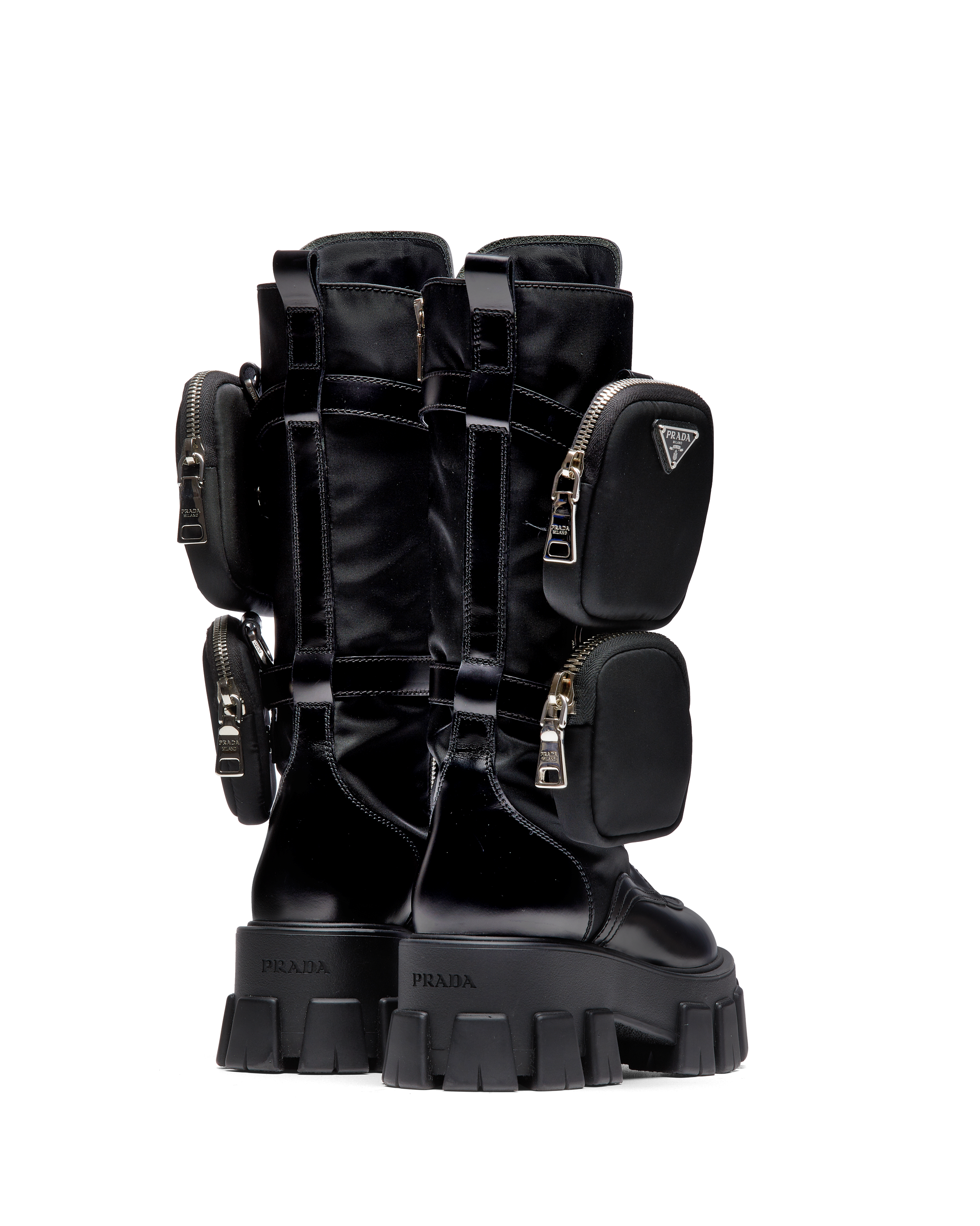 Black Monolith Brushed Rois Leather And Nylon Biker Boots PRADA