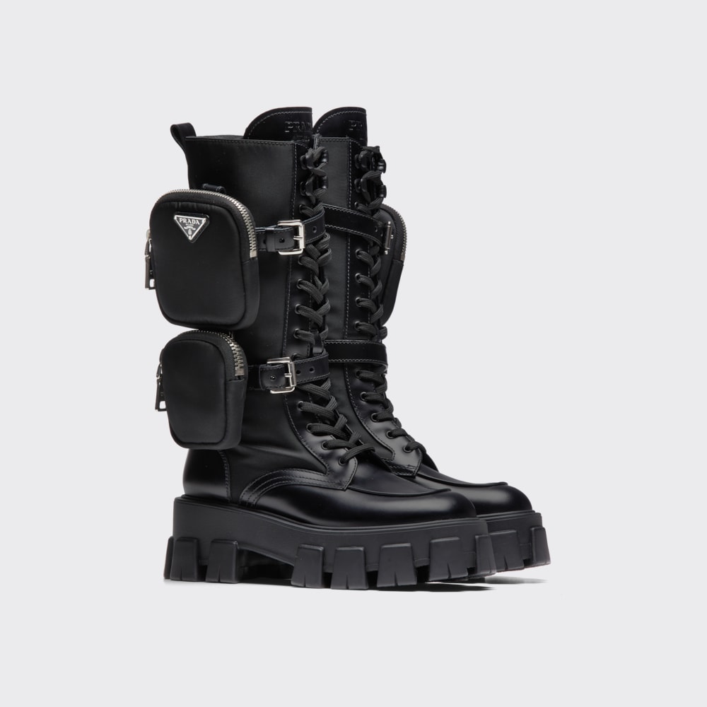 Bota Monolith em couro escovado e nylon Preto | Prada