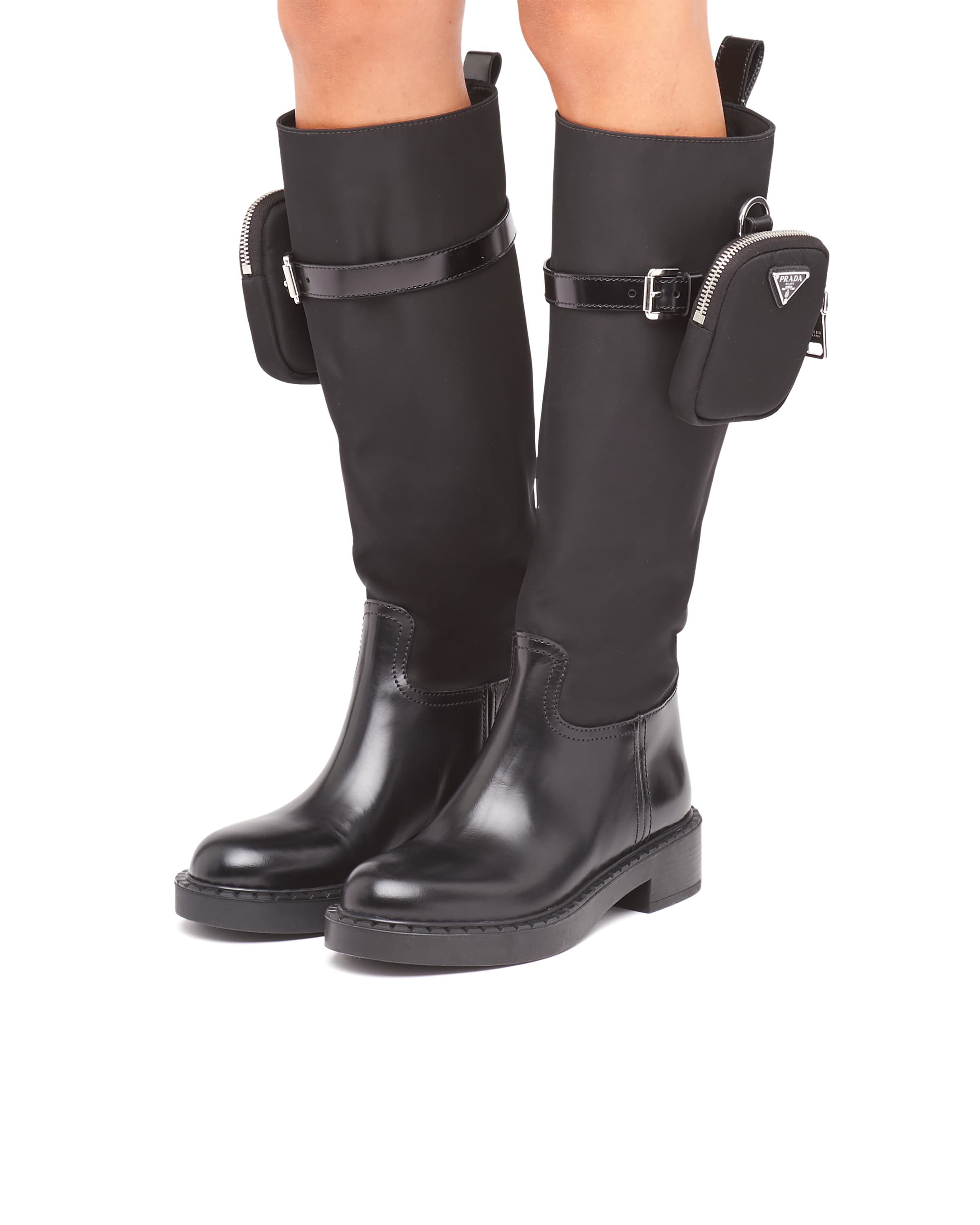 prada leather combat boots with removable nylon pouch