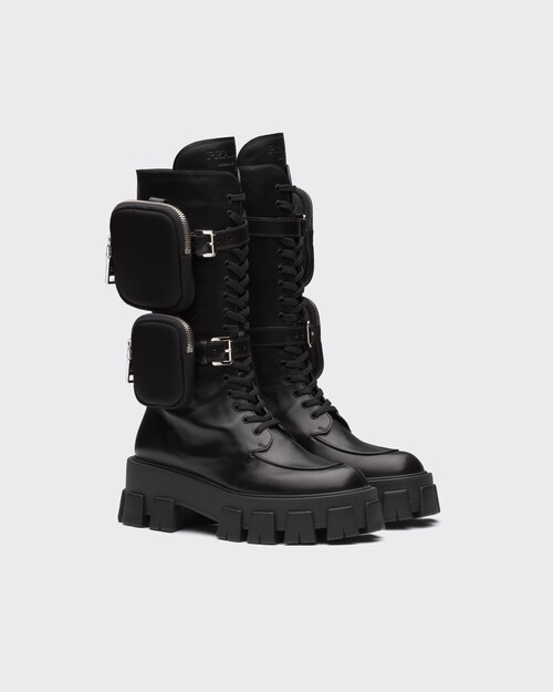 Black Monolith Leather Boots Prada