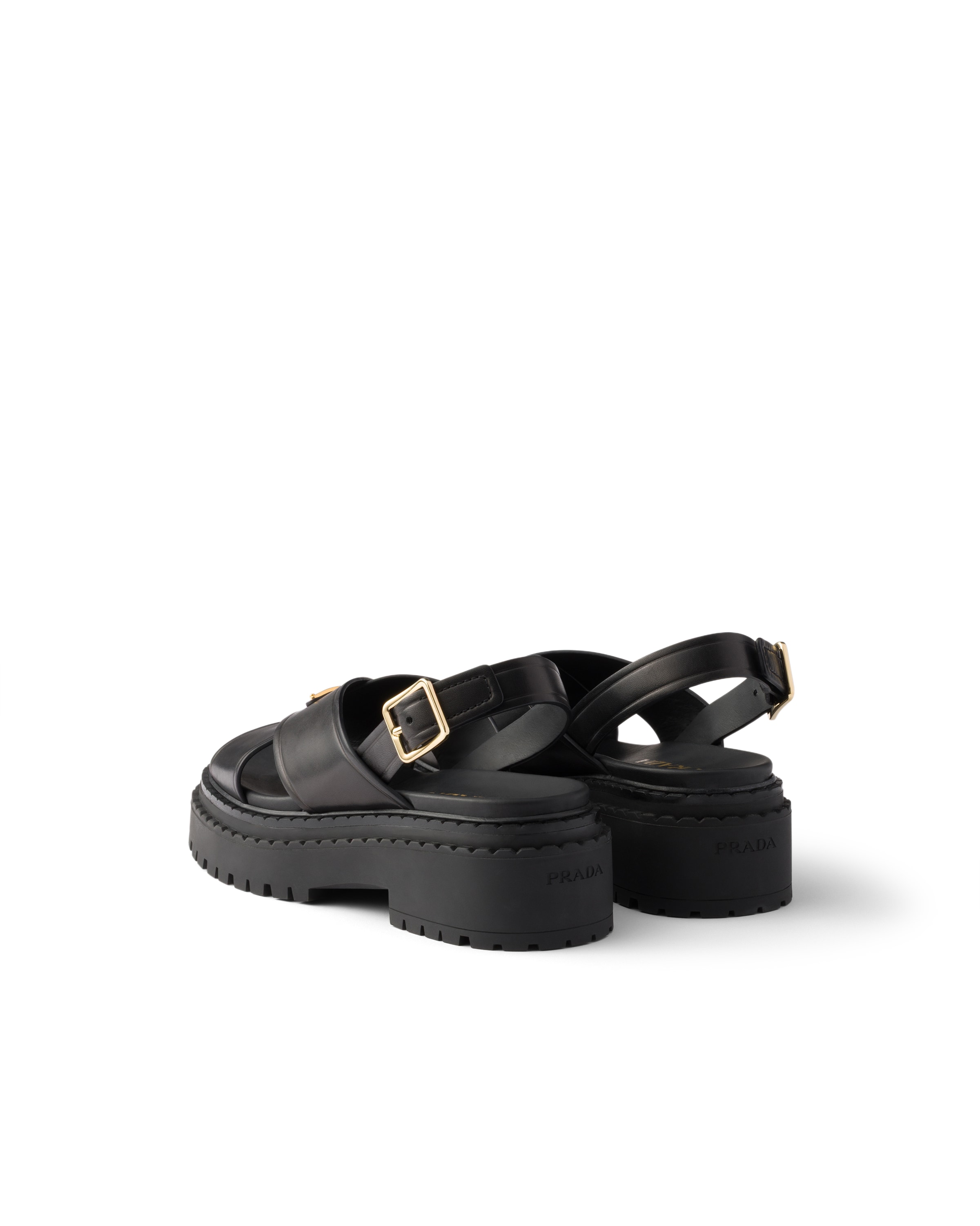 Prada Leather Crossover Platform Sandals 55 In Black