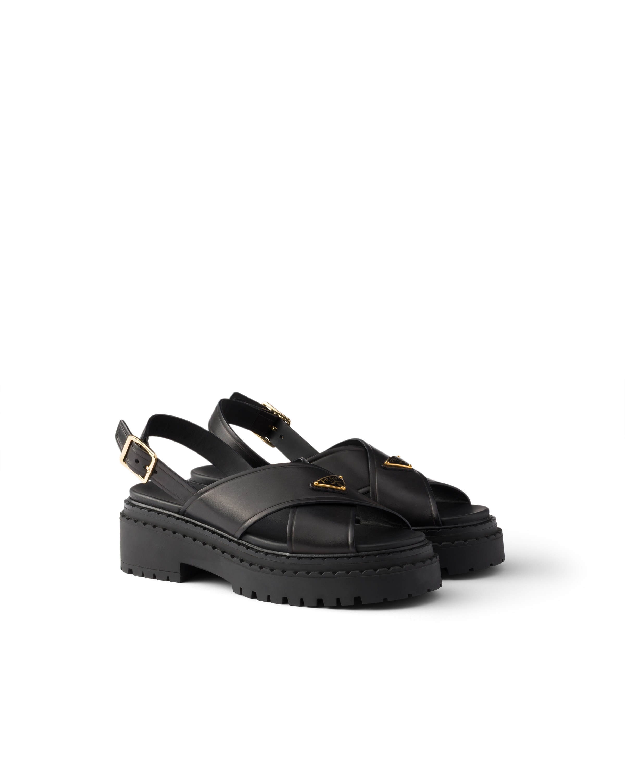 Prada Leather Crossover Platform Sandals 55 In Black
