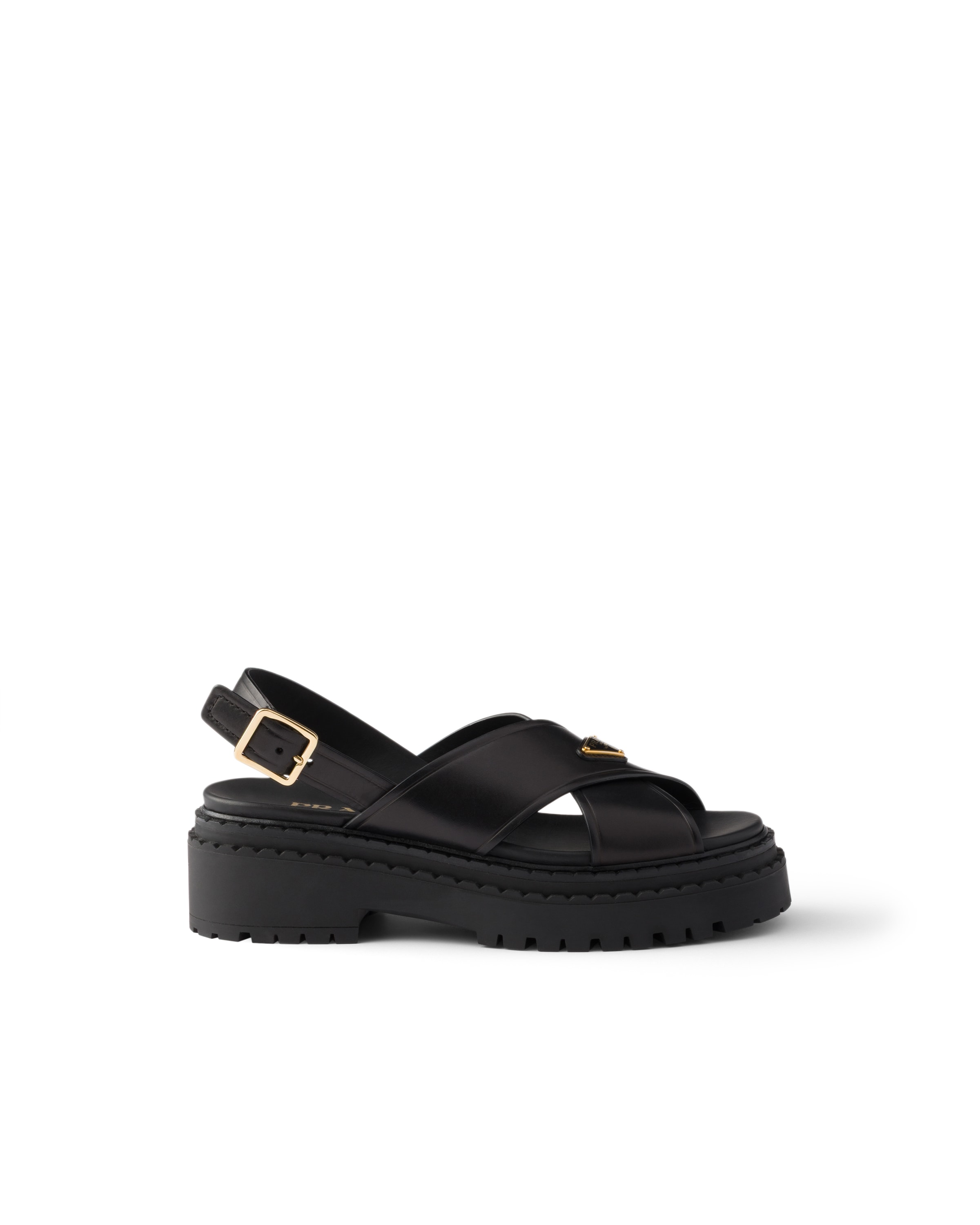 Prada Leather Crossover Platform Sandals 55 In Black