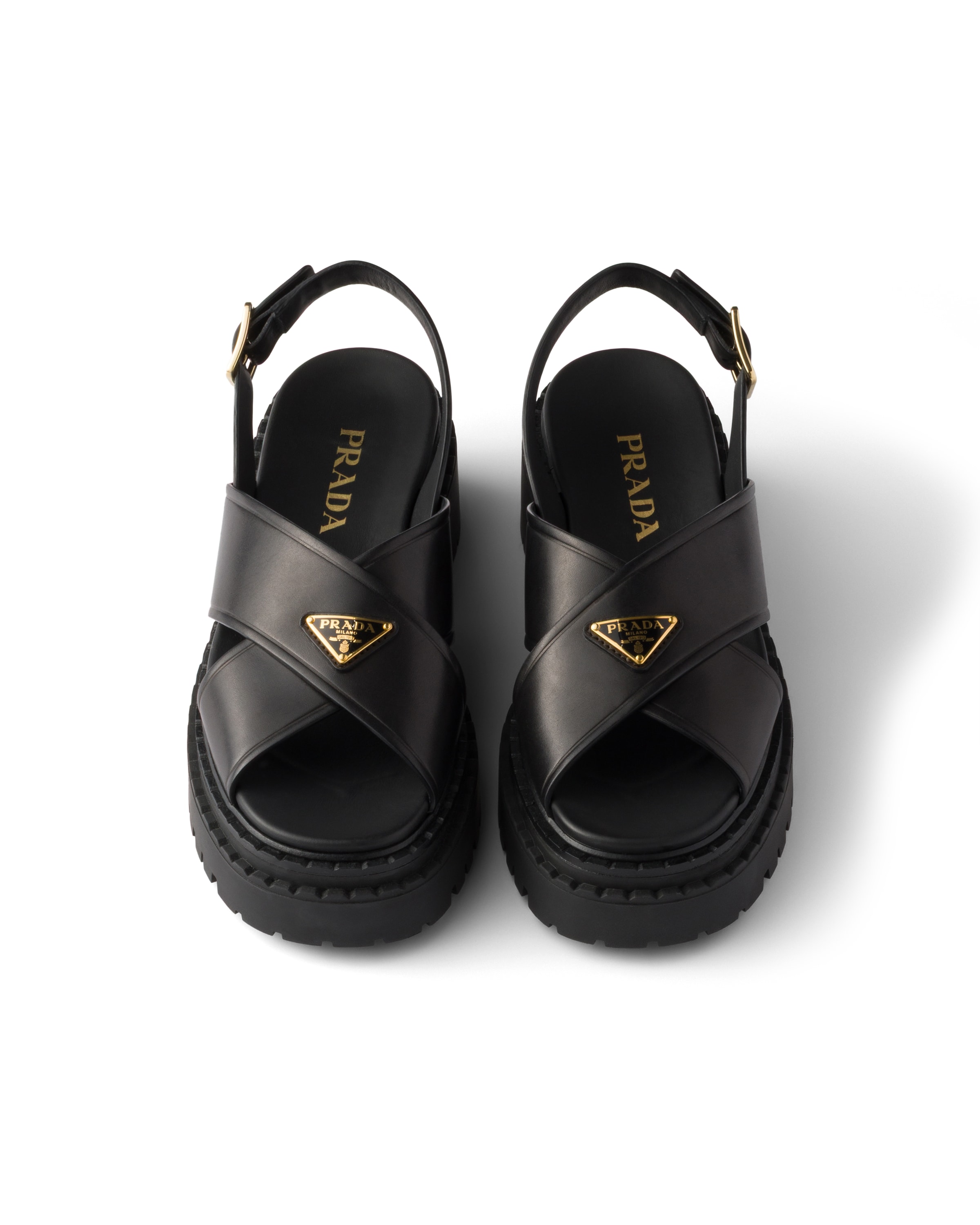 Prada Leather Crossover Platform Sandals 55 In Black