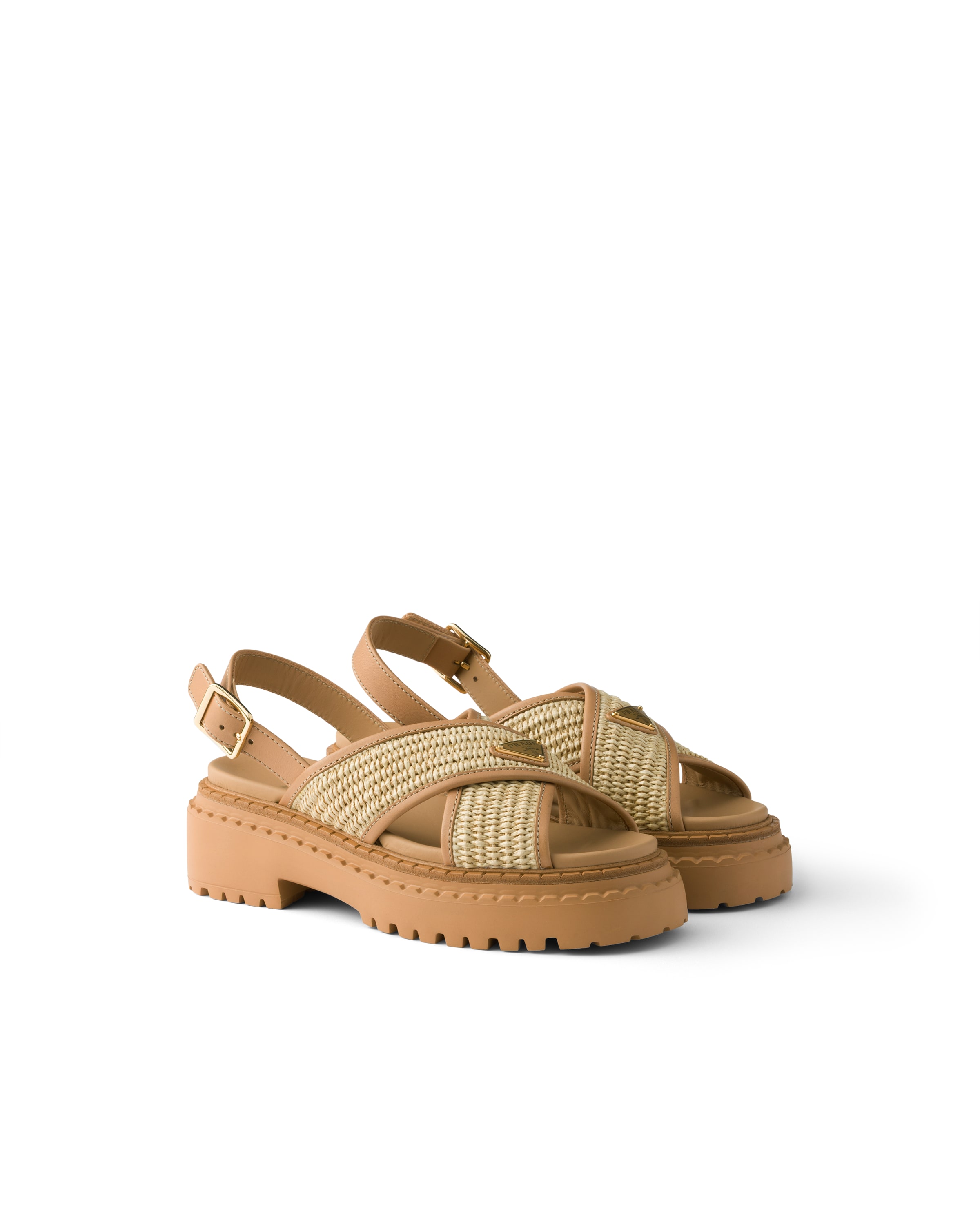 Prada Leather-raffia Crossover Platform Sandals 55