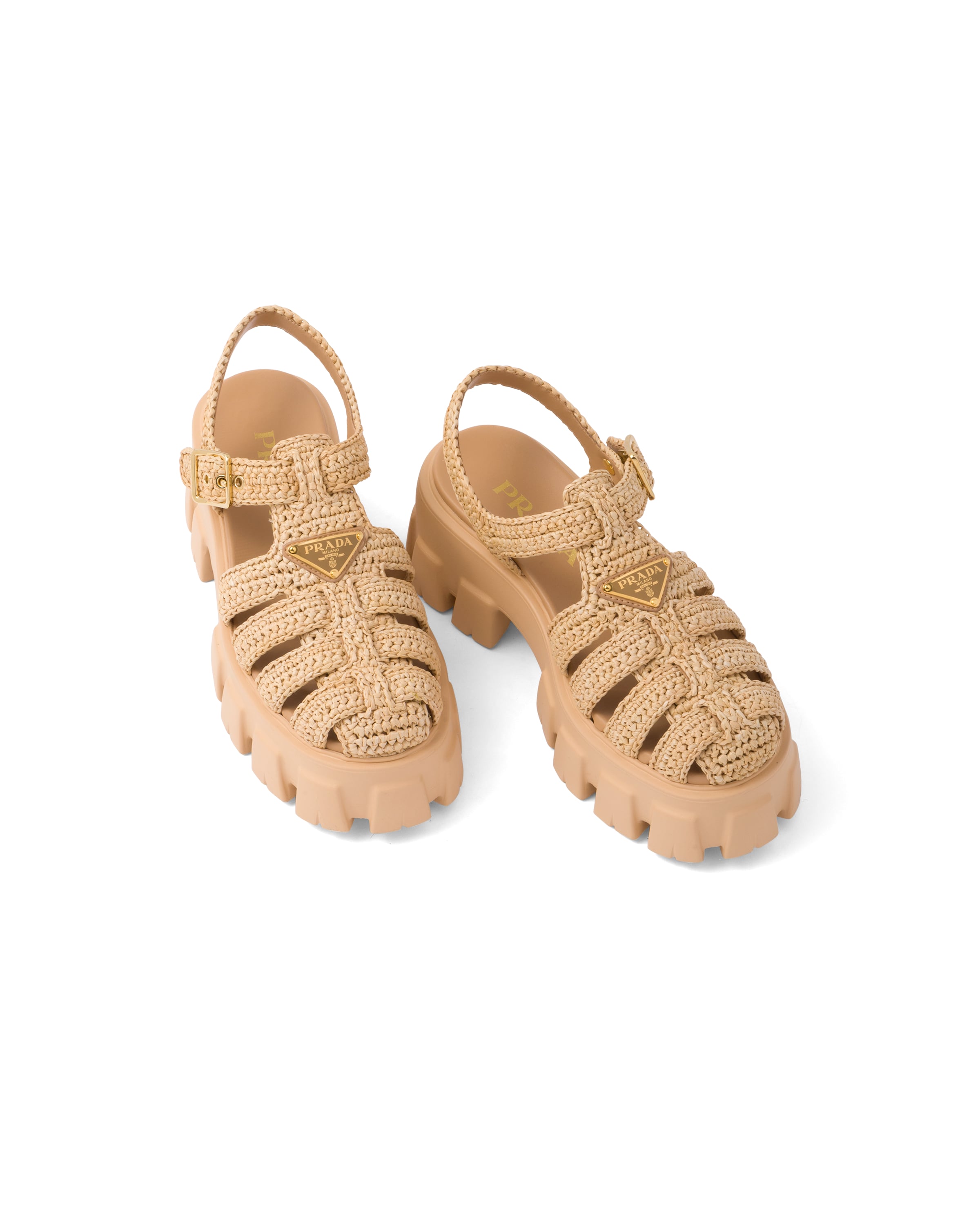 Prada Monolith Raffia-effect Sandals In Natural